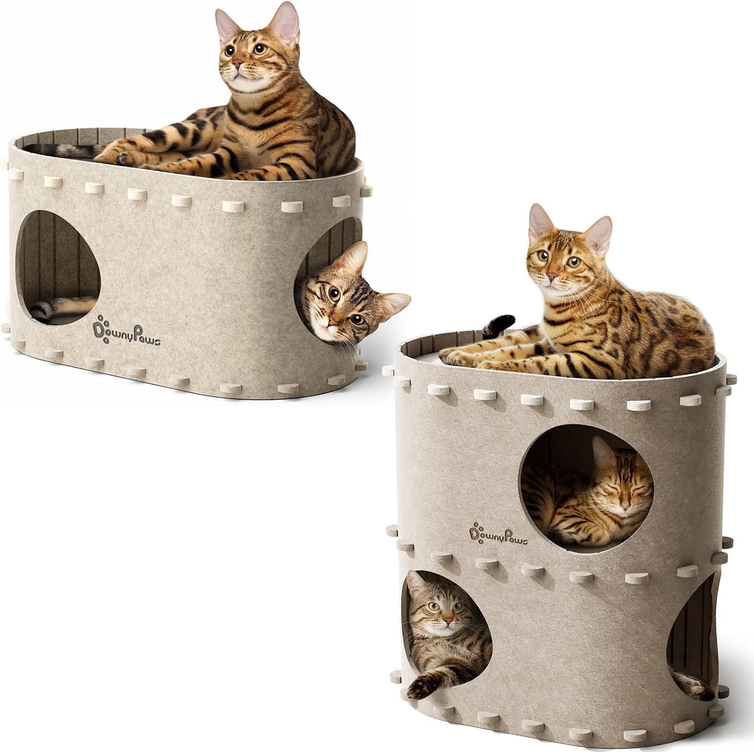 DownyPaws Single Storey Cat House for Indoor Cats Cream and 2-Storey Cat Bed Cave Cream