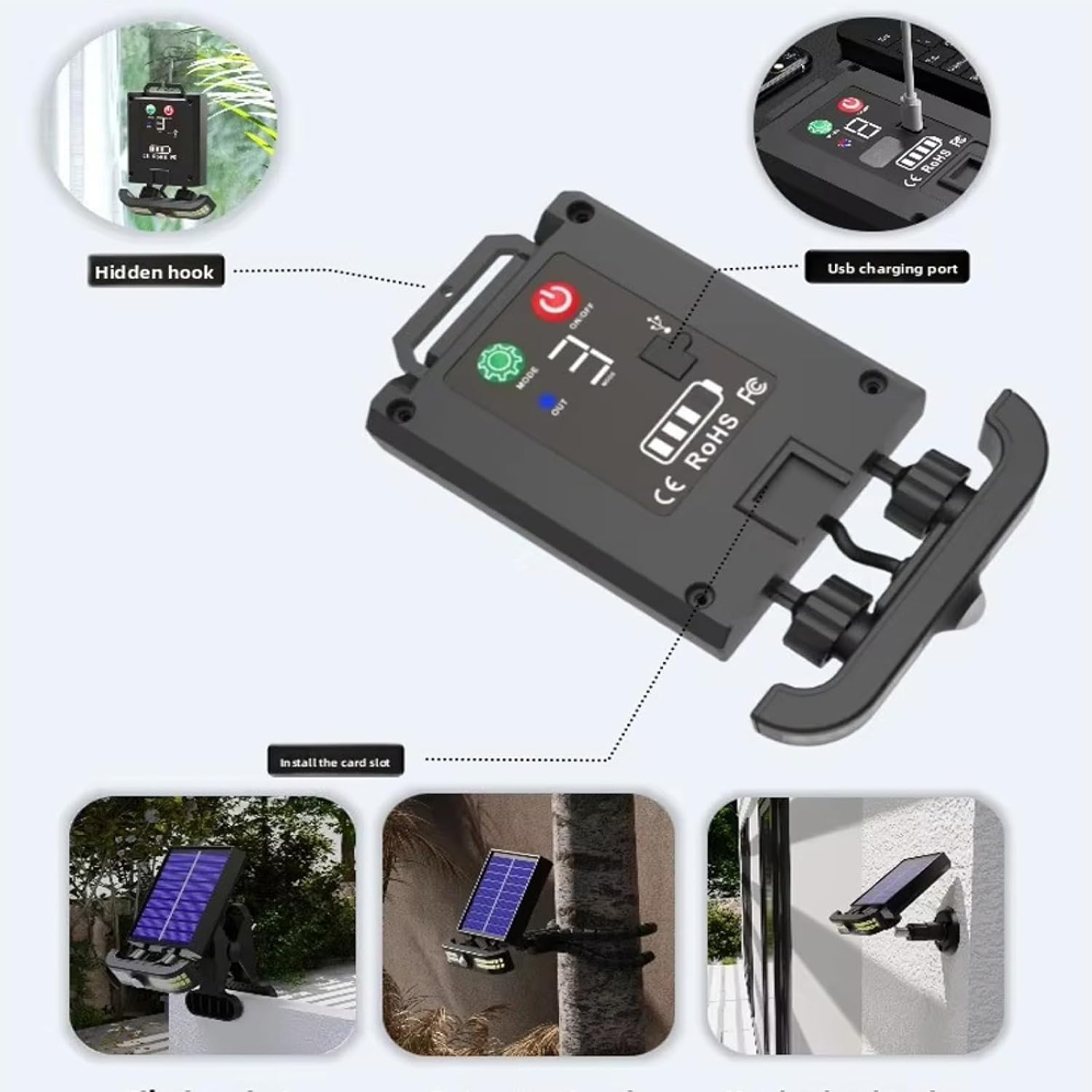 Solar Power Wall-Mounted Motion Sensor Super Bright LED Light with Clip, USB Charging LED Camping Light with Three Modes