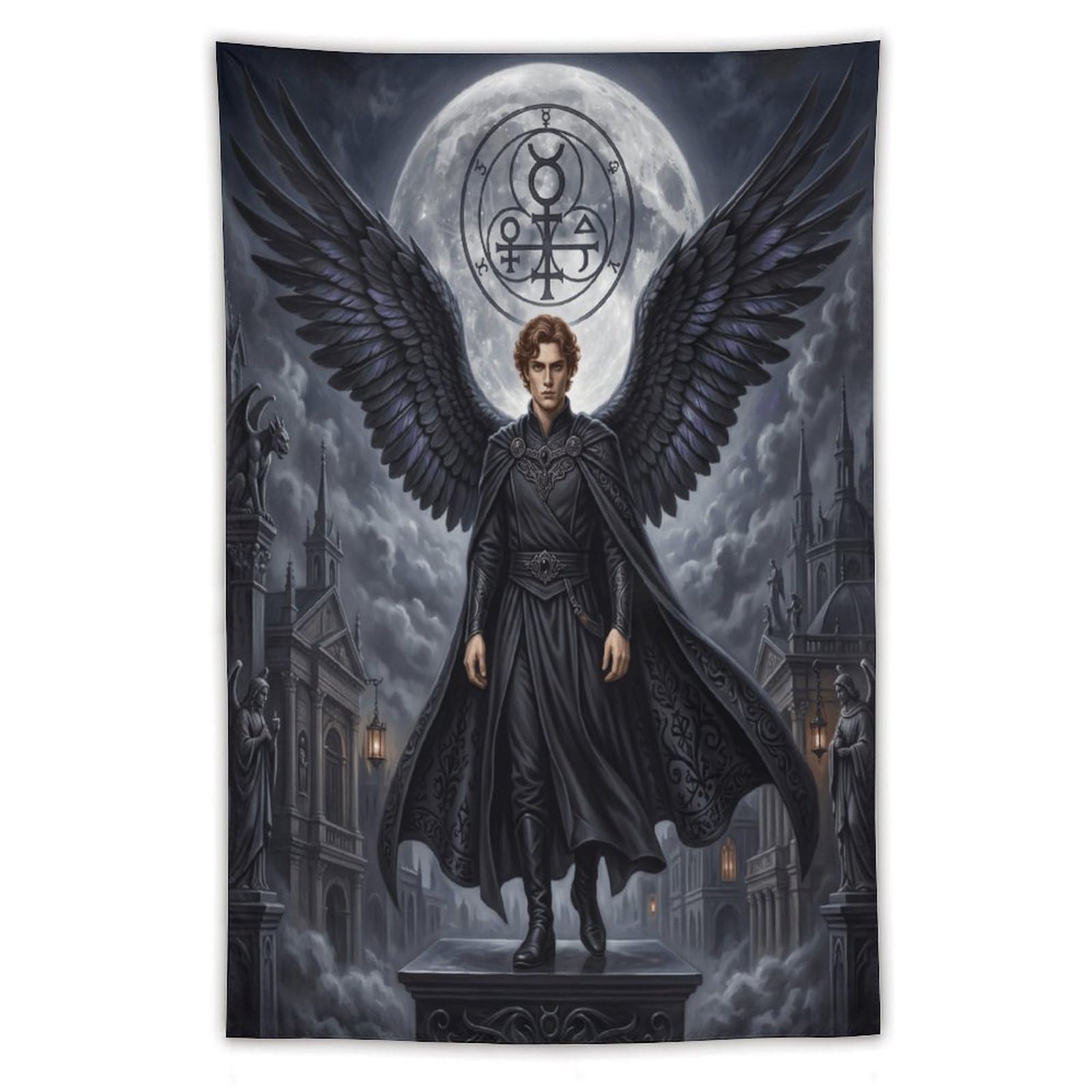 W7C8U2X3 Dark Angel Lucifer Gothic City Wall Tapestry, Moonlit Ruins