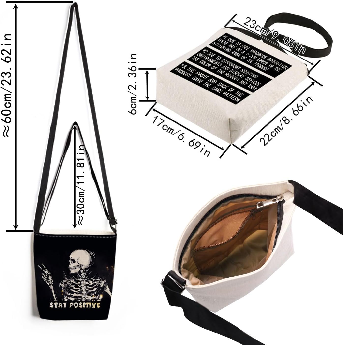 Positive Skull Print Canvas Crossbody Bag, Adjustable Strap Lightweight Purse with Top Zipper & Inner Pocket, Daily Shoulder Bag Gift for Women - Image 4