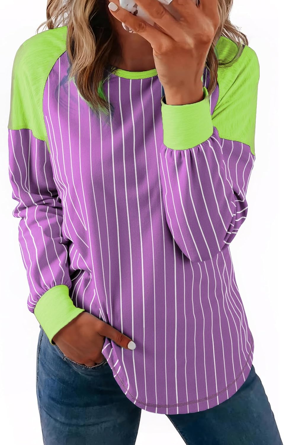 Acelitt Women Casual Striped Long Sleeve Crewneck Pullover Tshirts Tops,S-XXL
