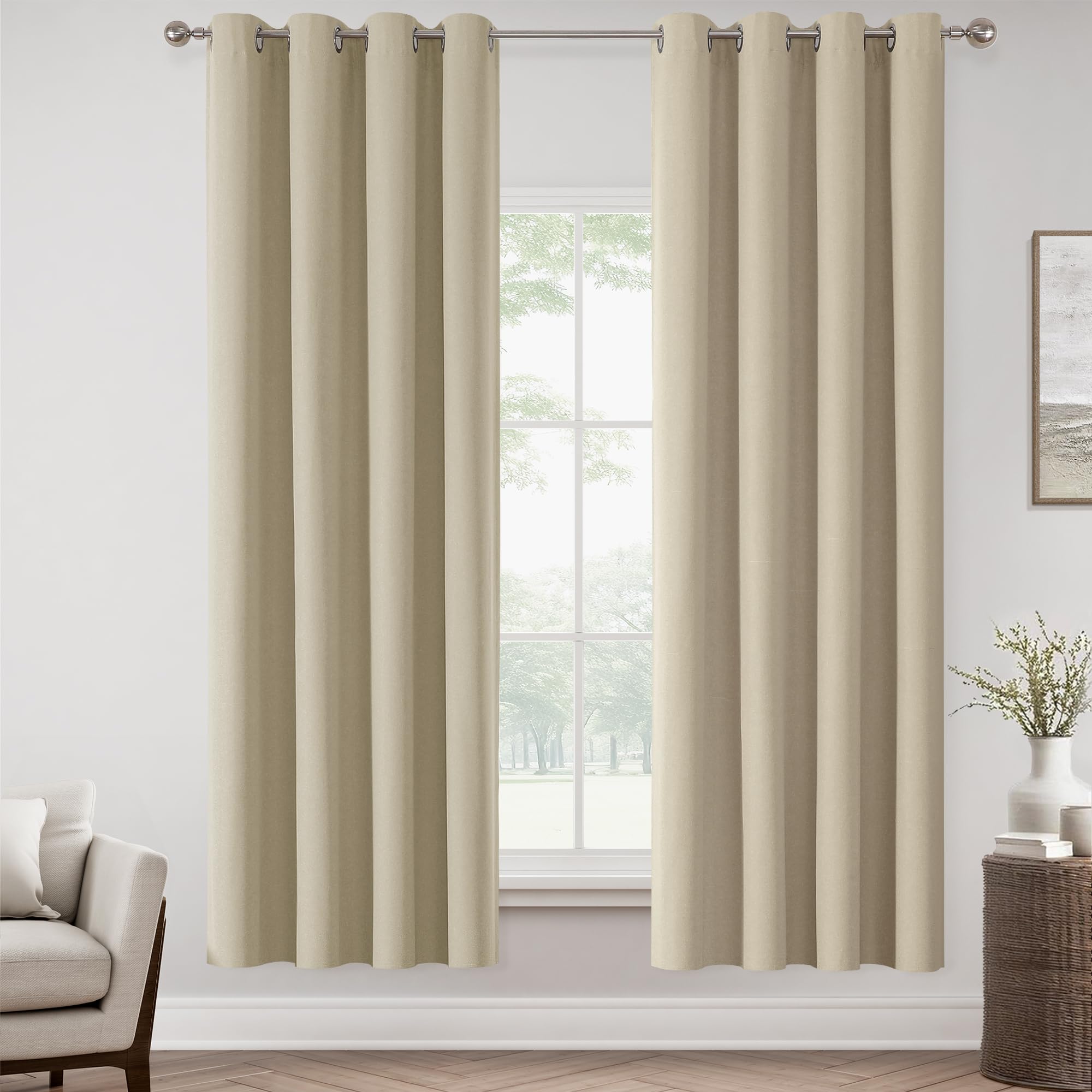 ChrisDowa 100% Blackout Tan Solid Curtains 72 Inches Long 2 Panels for Bedroom Living Room,Farmhouse Room Darkening Thermal Insulated Soundproof