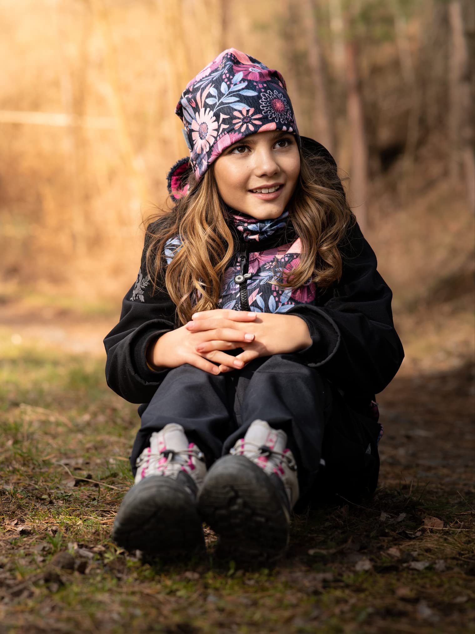 Kinder Softshellhose mit Fleece Basic, Schwarz, Magische Blumen