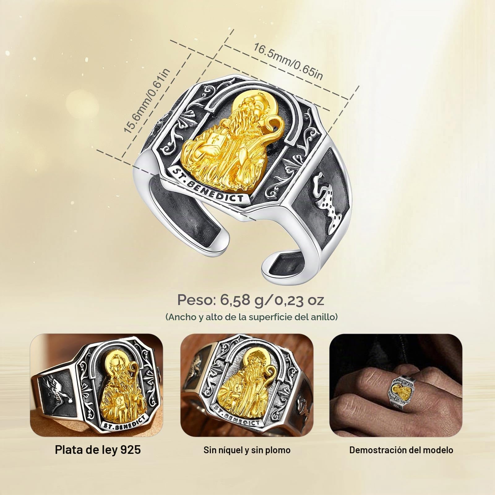 AEONSLOVE Anillo Cruz de San Benito/San Miguel Arcangel Plata de Ley 925 para Hombre Mujer, Anillos Crucifijo Jesus/Cristóbal/Judas, Anillo Abierto Ajustable de Pulgar Joyeria Religiosas