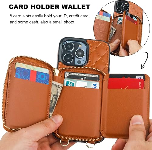 Miniatura 4 de Bocasal Funda tipo cartera cruzada para iPhone 14 Pro Max, con bloqueo RFID, de piel sintética, con cremallera, funda tipo cartera con función atril