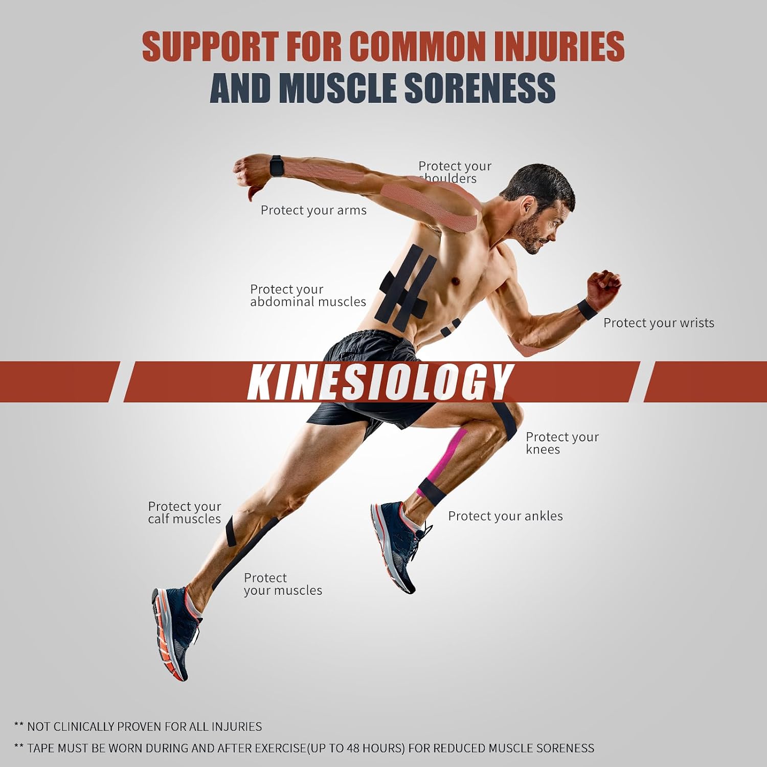Kinesiology Tape (4 Rolls Pack),Waterproof Athletic Tape for Pain Relief,Brace & Elastic Supports Tapes for Ankle Wrists Knees Joints,2 Inches Wide x 16.4 Feet Long (Mixed)
