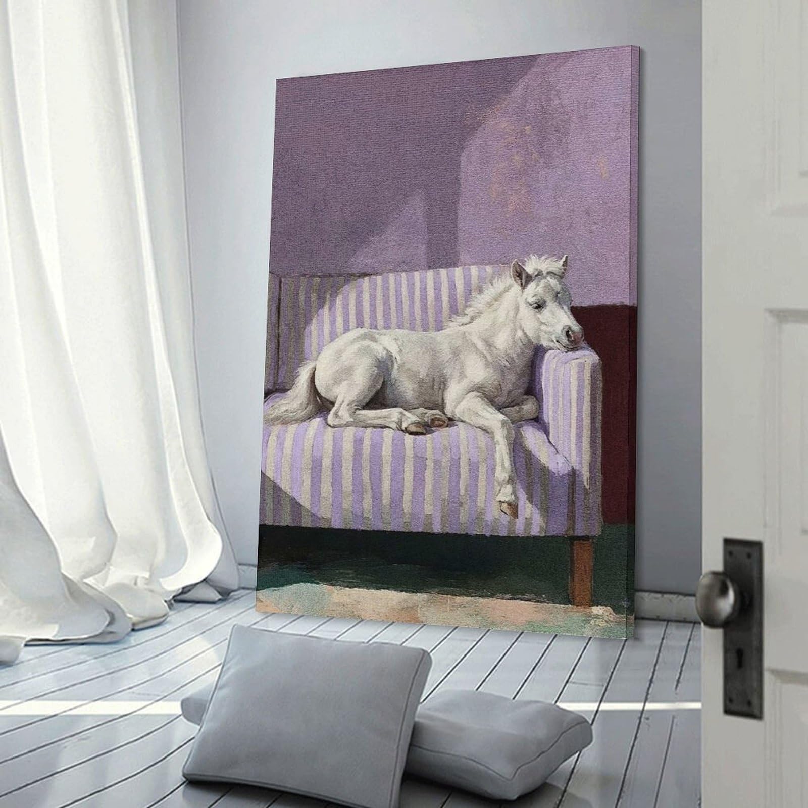 Junmoney Frame-Style-14 Home Decor Wall Art Horse Resting On Striped Purple Couch, 20X30inch(50X75cm), For New Homes, Bedrooms Or Workspaces, Home Decor Gift With Stylish Appeal