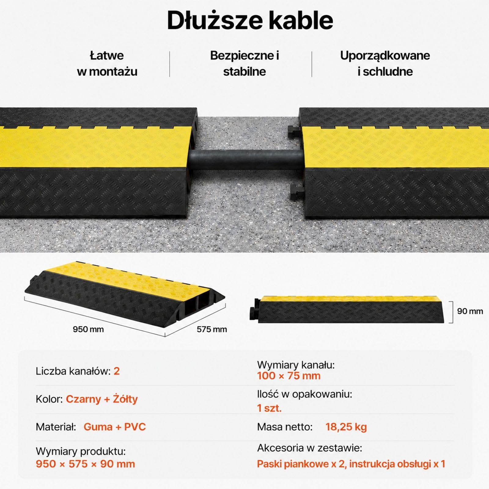Gumowa rampa kablowa z 2 kanałami, listwa podłogowa, 1 sztuka do domu, biura i magazynu
