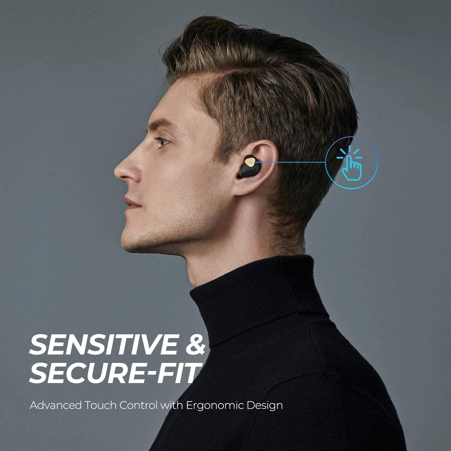 Man demonstrating touch control on earbud