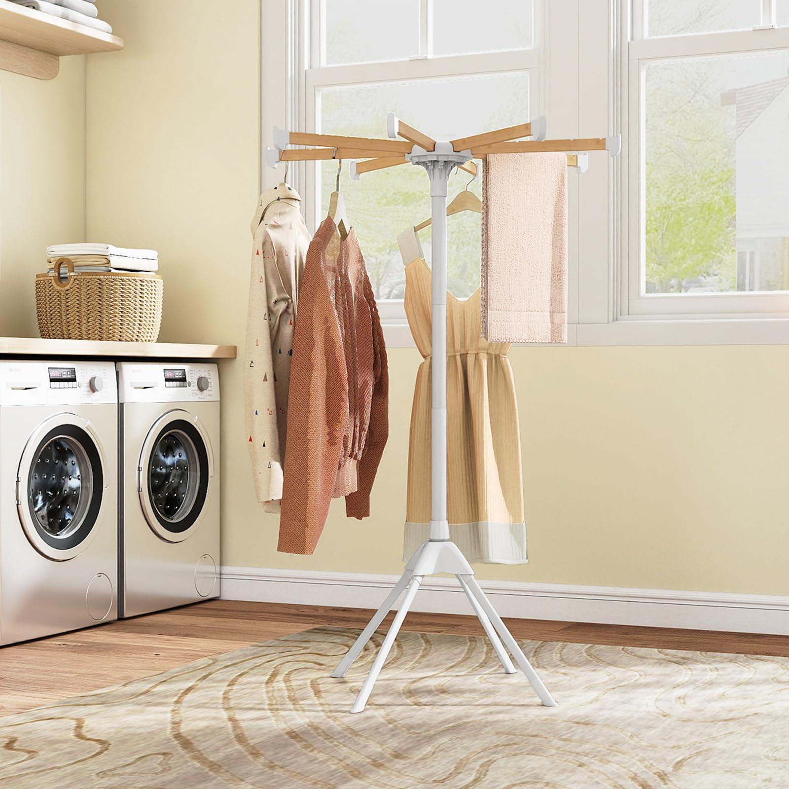 GOPLUS Tendedero Plegable, Tendedero con 8 Barras Extraíbles y 40 Ranuras para Colgar, Soporte para Secar Ropa con Patas Antideslizantes, Perchero de Pie que Ahorra Espacio