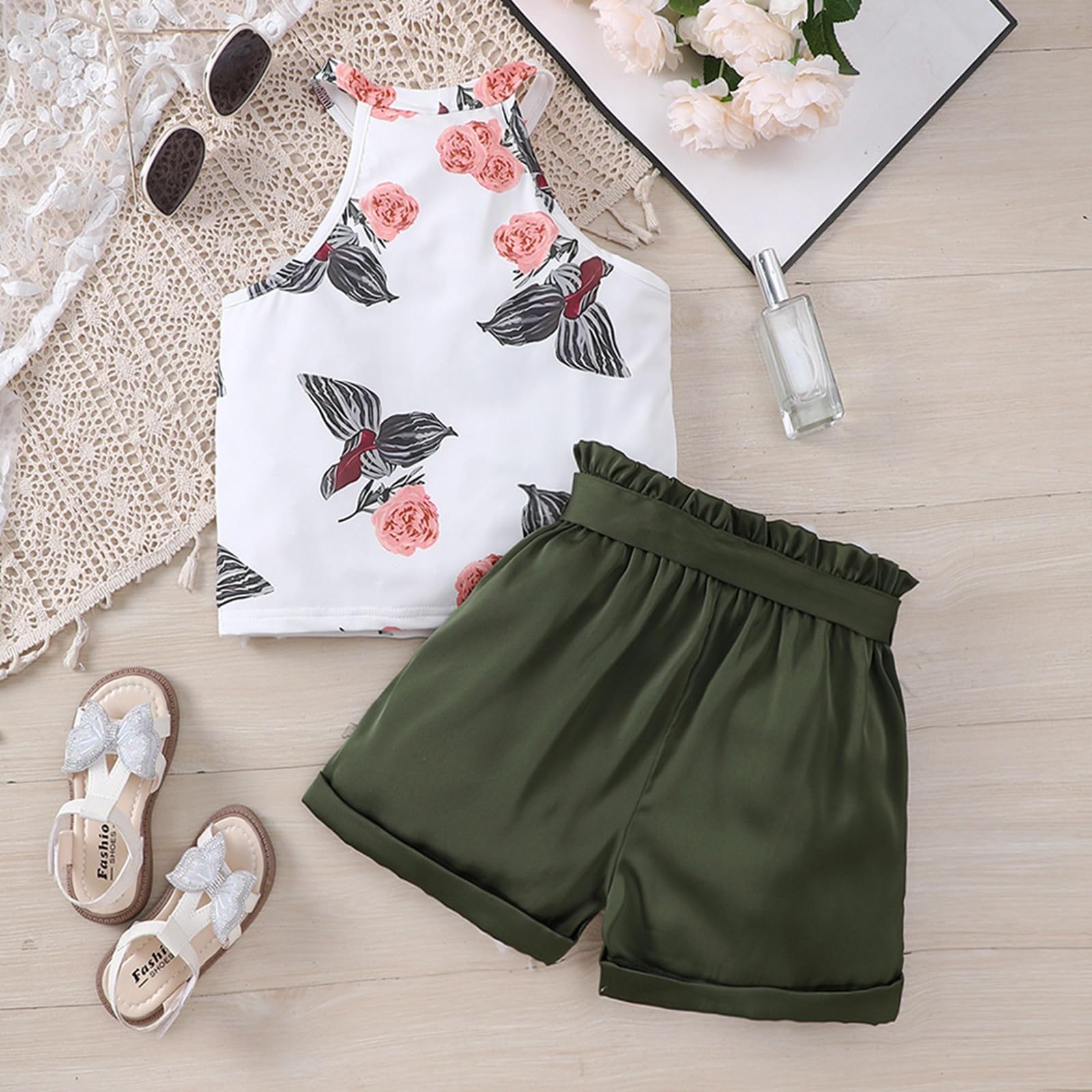Ensembles été Enfant Fille Haut Top Sans Manches Et Short Vetements Ado Fille Chic pas Cher a la Mode Confortable Elegant Anniversaire Soirée Casual Plage Vacances 5-14 ans