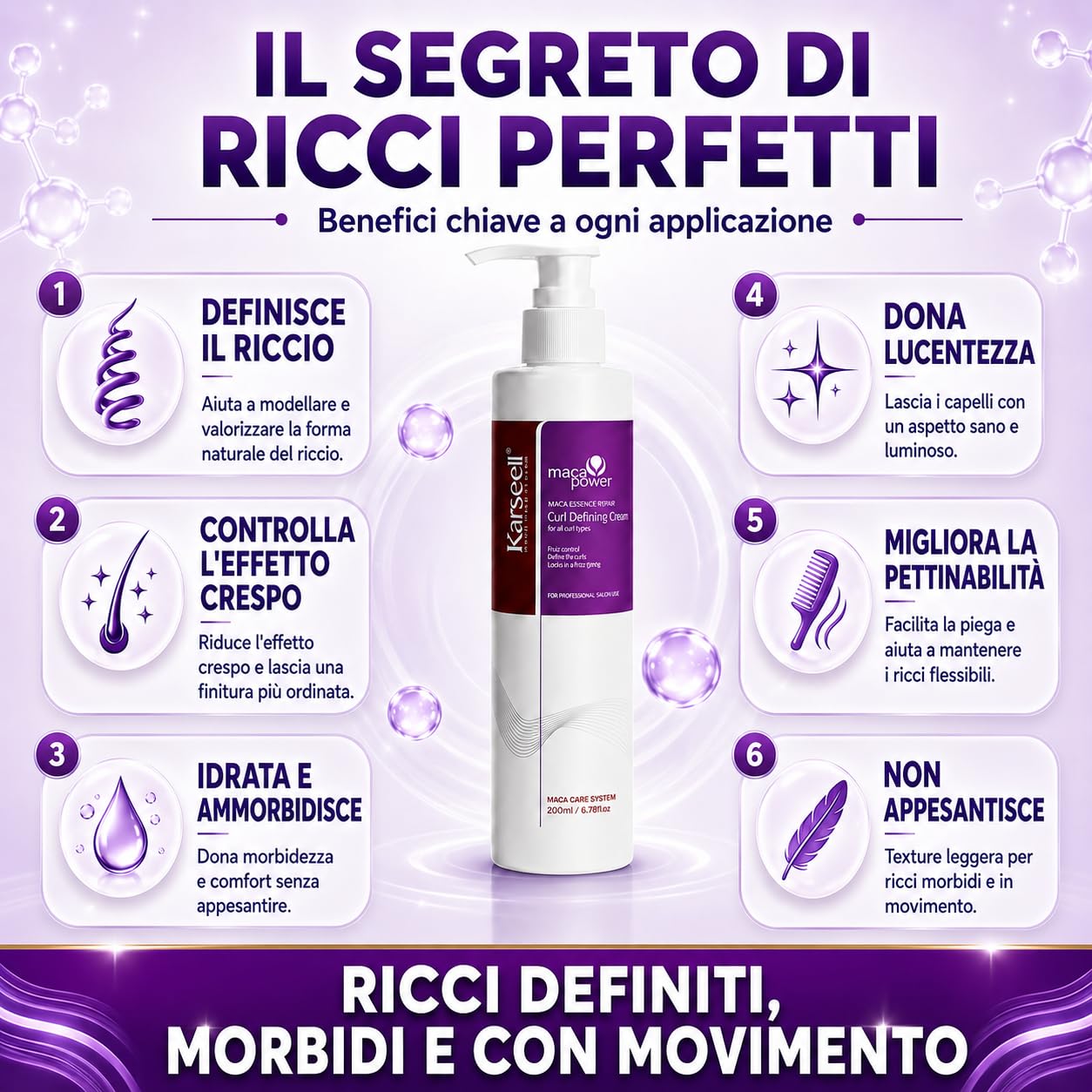 Karseell MACA CARE SYSTEM Crema Definizione Ricci Ravviva Boccoli Trattamento Idratante Riparatore Capelli Mossi Anticrespo Nutrizione Profonda Cheratina Olio Argan Oliva Mandorle Professionale 200ml