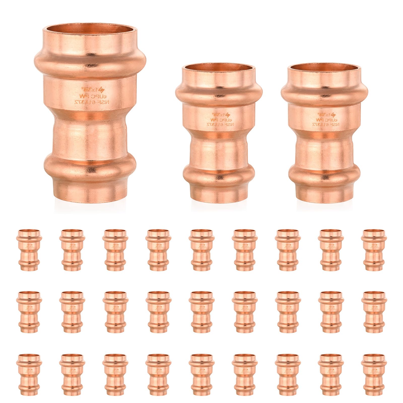 Paquete de 30 racores de Cobre a presión, Acoplamiento Reductor de 1 Pulgada x 3/4 de Pulgada con Tope, diseño LBP, acoplador de Cobre a presión (PRESS003-30Pack)