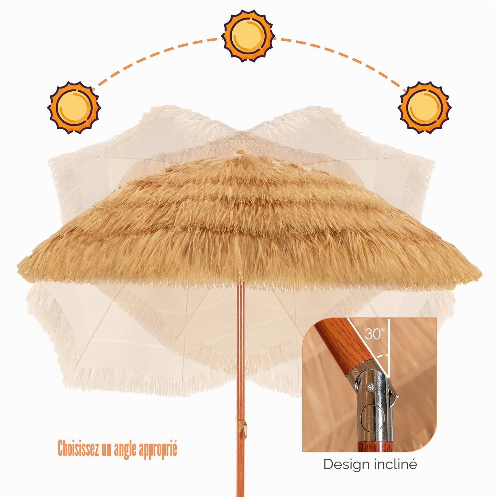 GIANTEX Parasol Plage en Paille 200 cm avec Fonction d'Inclinaison, Parasol Paille Tropicale 8 Baleines, Design Exotique, pour Jardin, Plage, Terrasse, Balcon