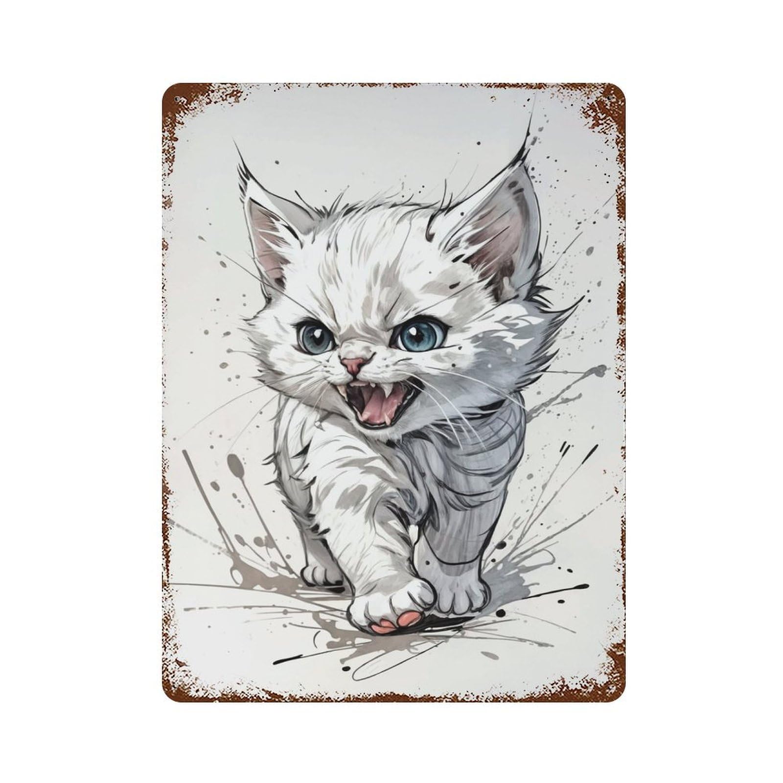 Angry White Kitten Vintage Wall Sign 15.7"x11.8", Rust Effect Metal Decor for Living Room, Hallway And Home Decor