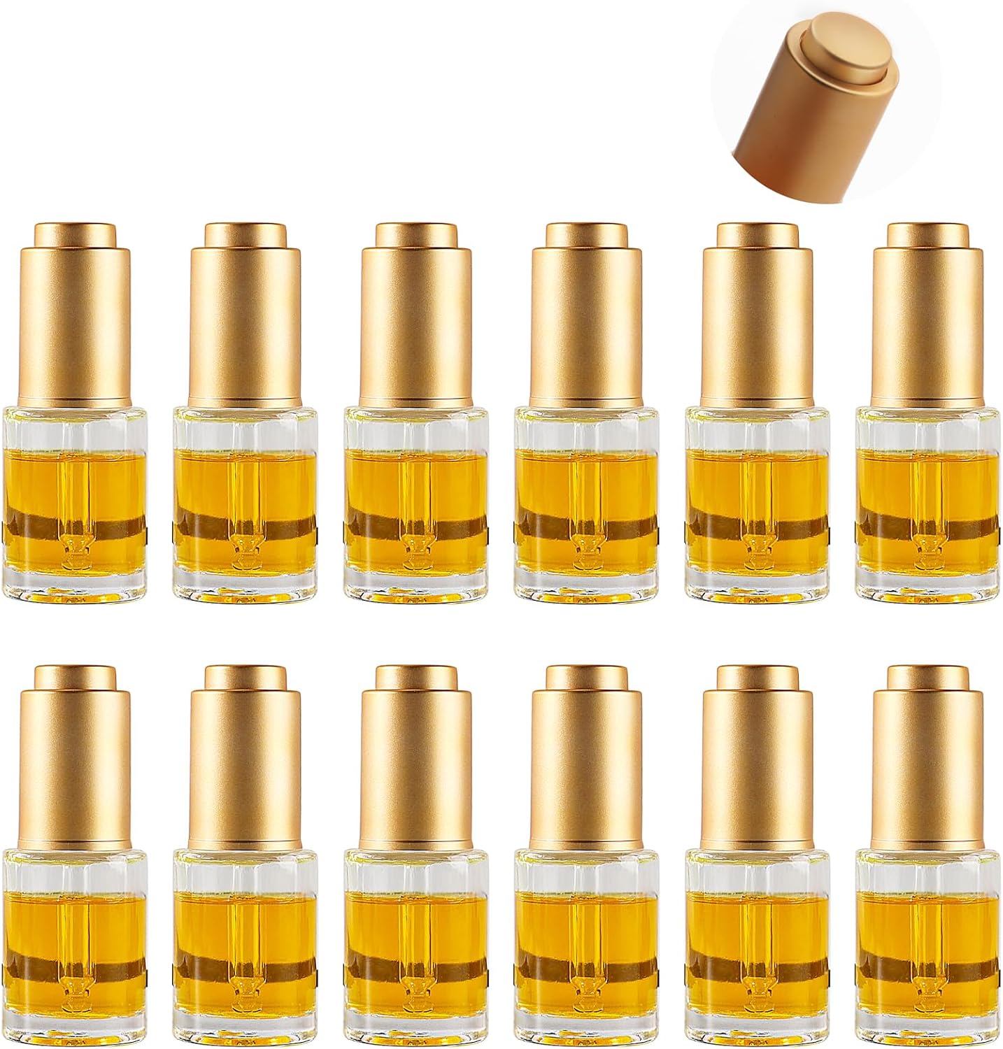 50ml Straight Shoulder Glass Drip Bottle, with Electrically Plated Matte Gold Concave Step Cover, Threaded 18/415, Suitable for Essential Oils, Leak Proof Travel, Set of 12