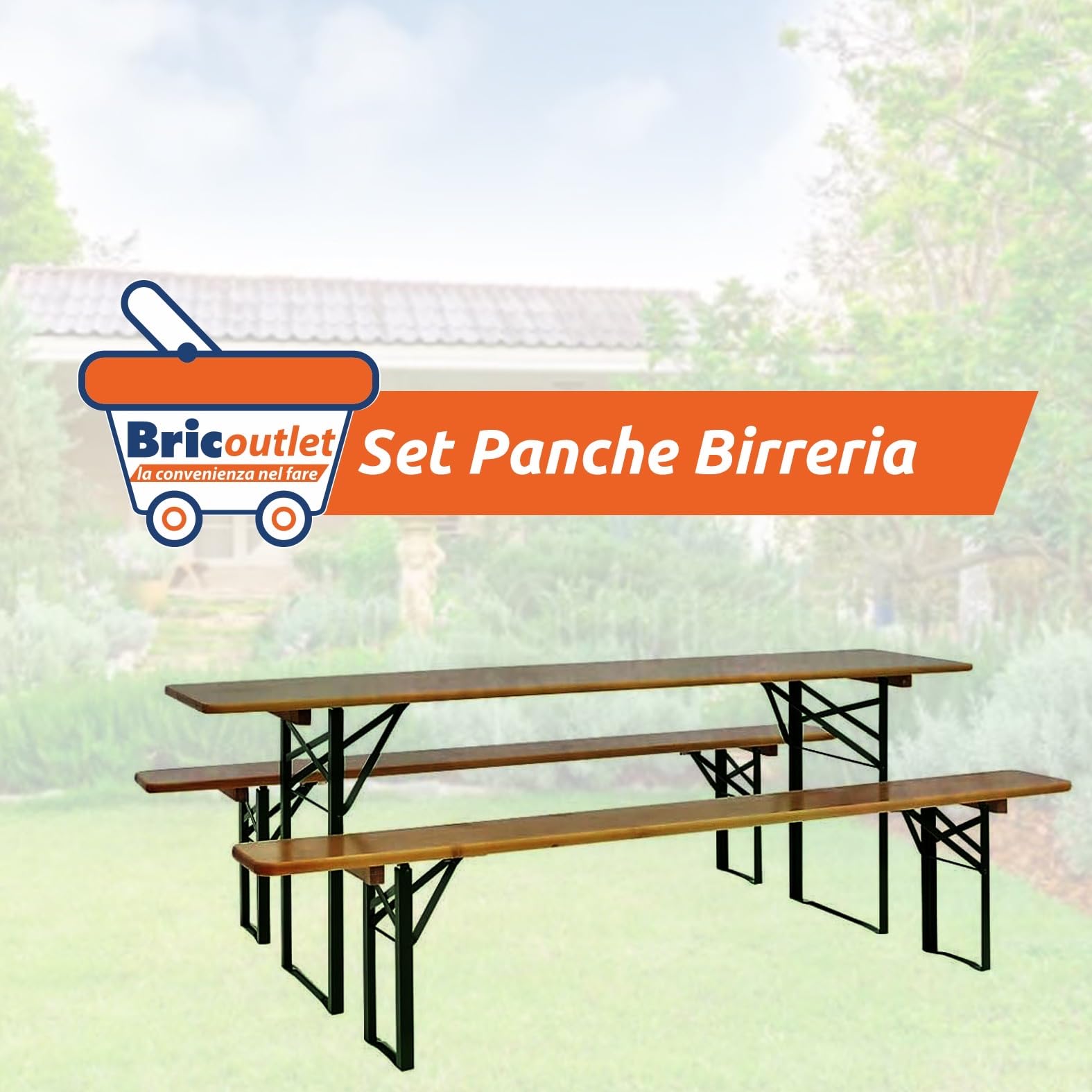 Set Birreria 2 Panche e Tavolo in Legno Naturale, Richiudibile, Salvaspazio 120x60cm