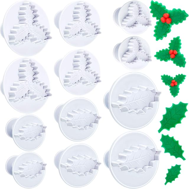 12 Pieces Holly Leaf Plunger Cutter, Christmas Holly Leaves Cookie Cutter Fondant Mole Cutter, Christmas Party Cupcake Gum Paste Cutter for Sugar Craft Decorating Baking Tools