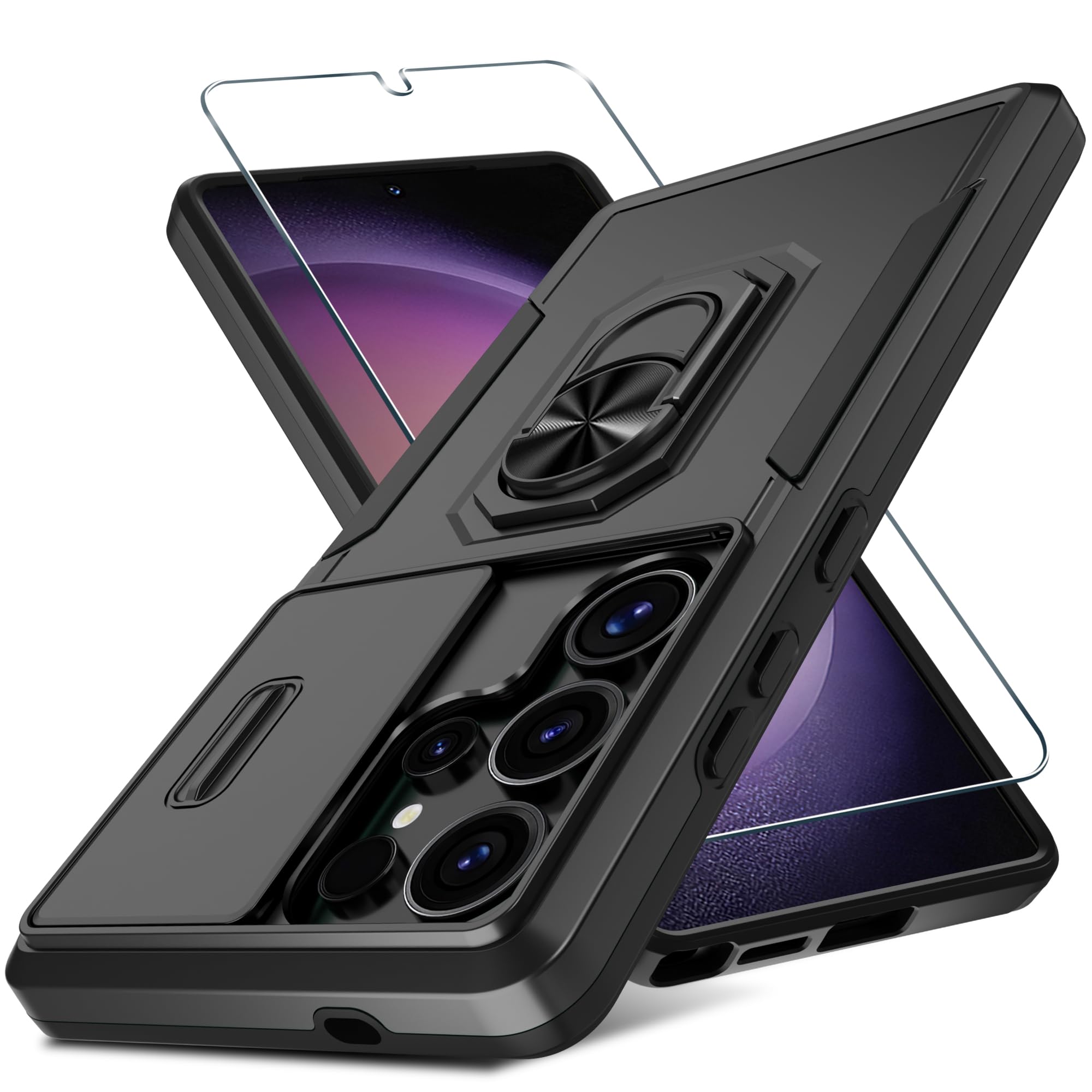 Compatible with Samsung Galaxy S25 Ultra Case Built in Slide Camera Lens Cover+Screen Protector+Ring Holder,Heavy Duty Shockproof Full Body Phone
