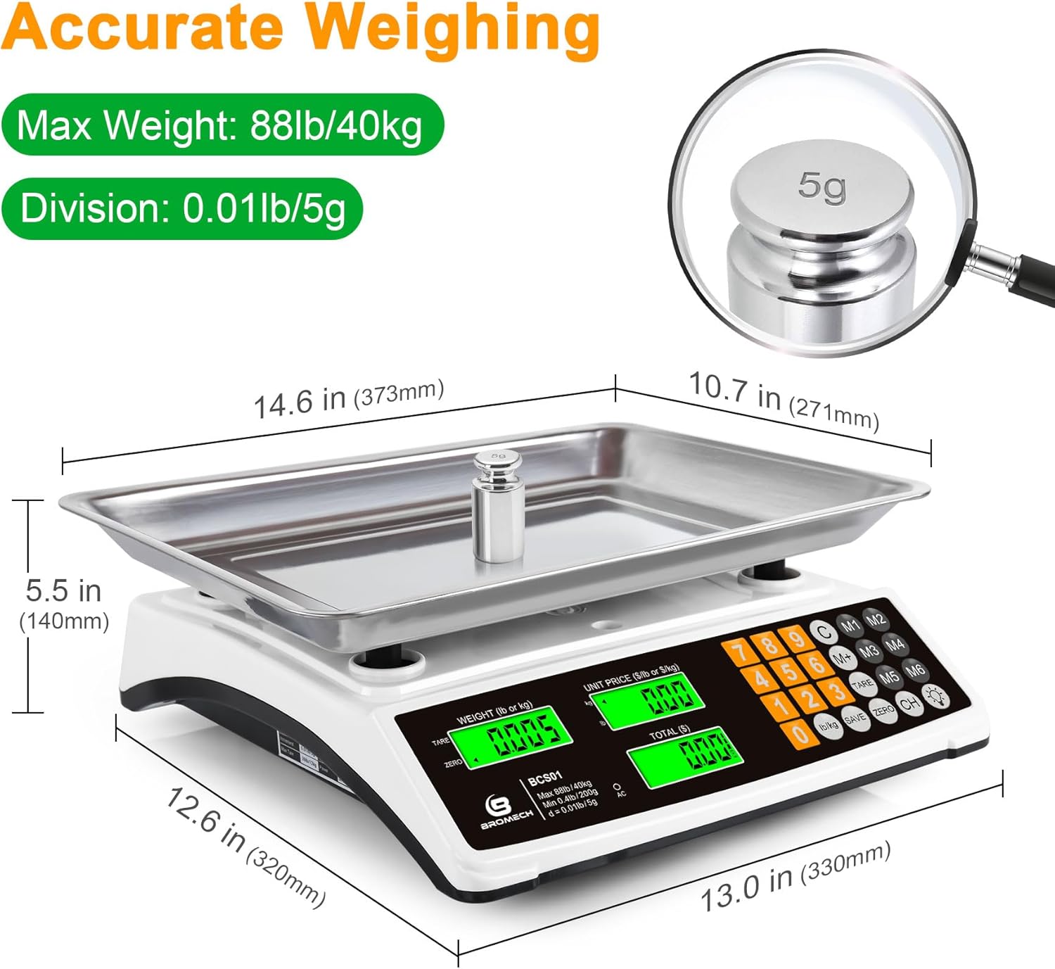 Price Computing Scale 88lb/40kg Commercial Food Scale for Produce Meat with Stainless Steel Large Platform, LCD Display, and Green Bright Backlight for Farmers Markets, Deli, (Not for Trade) - Image 4