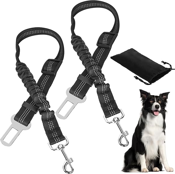 DATEFUN Cinturon Seguridad Perro Coche con Elástico - 2 Piezas Correa Perro Coche Ajustable con Bolsa de Almacenamiento, para Todas Las Razas Perros y Gatos (50-88cm) - 1