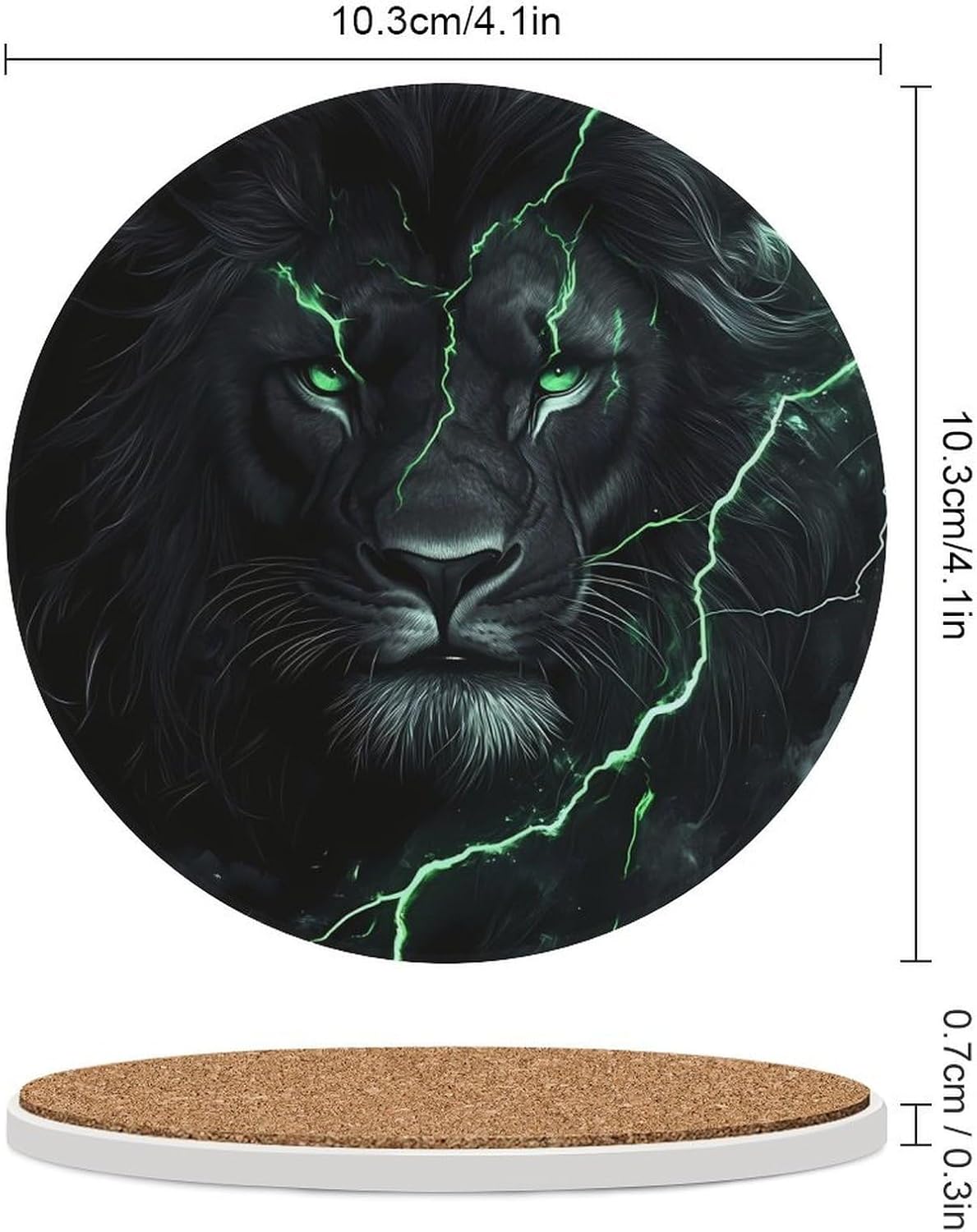 Thunder Lion Coasters for Drink Round Ceramic Coaster with Cork Base Home Decorative 6PCS