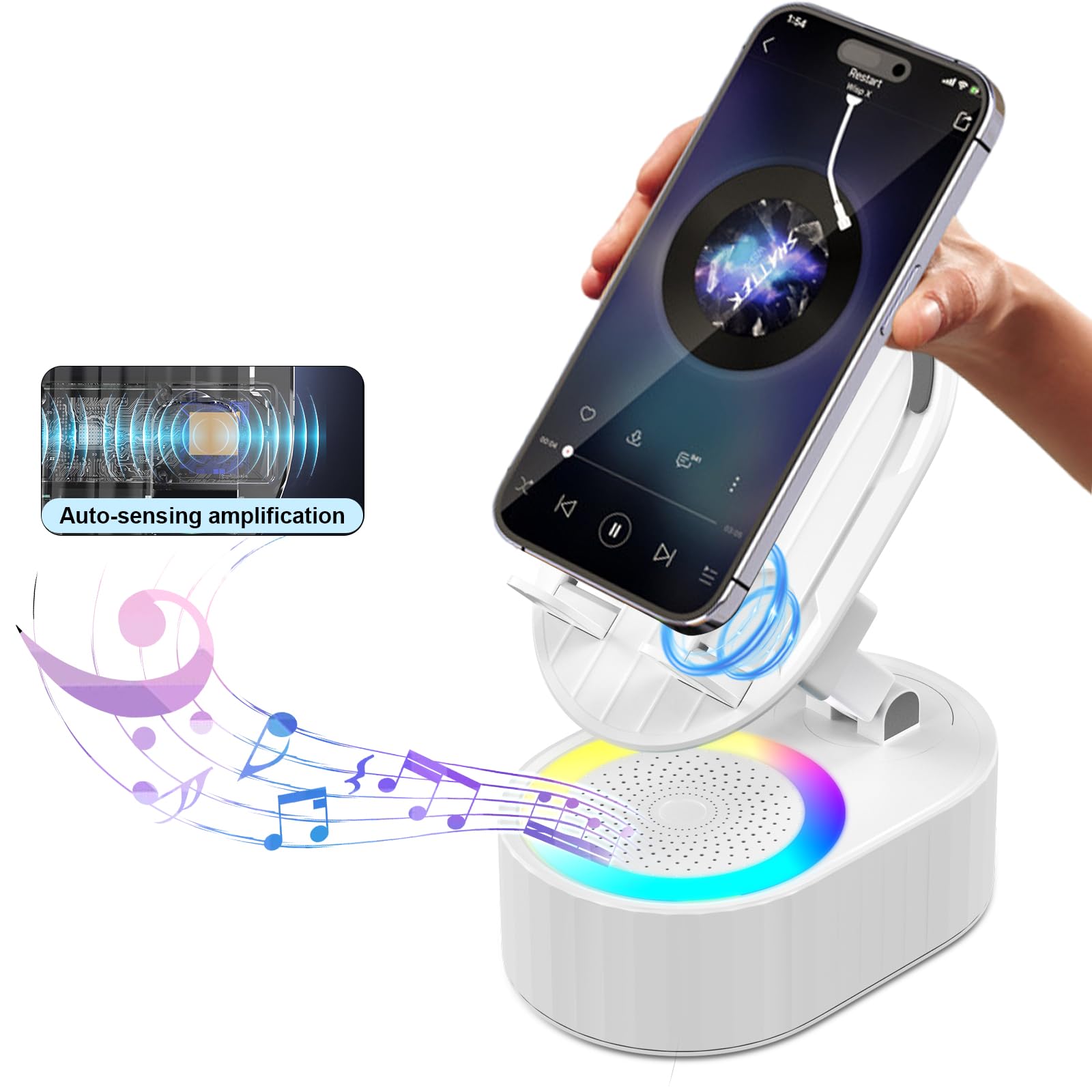 Wireless Induction Audio Bluetooth Speaker 5in1 Phone Holder Emergency Rechargeable (3000mAh) with Colorful Ambient Light 300° Foldable for Tablet iPhone Android, Gifts for Men Women (White)