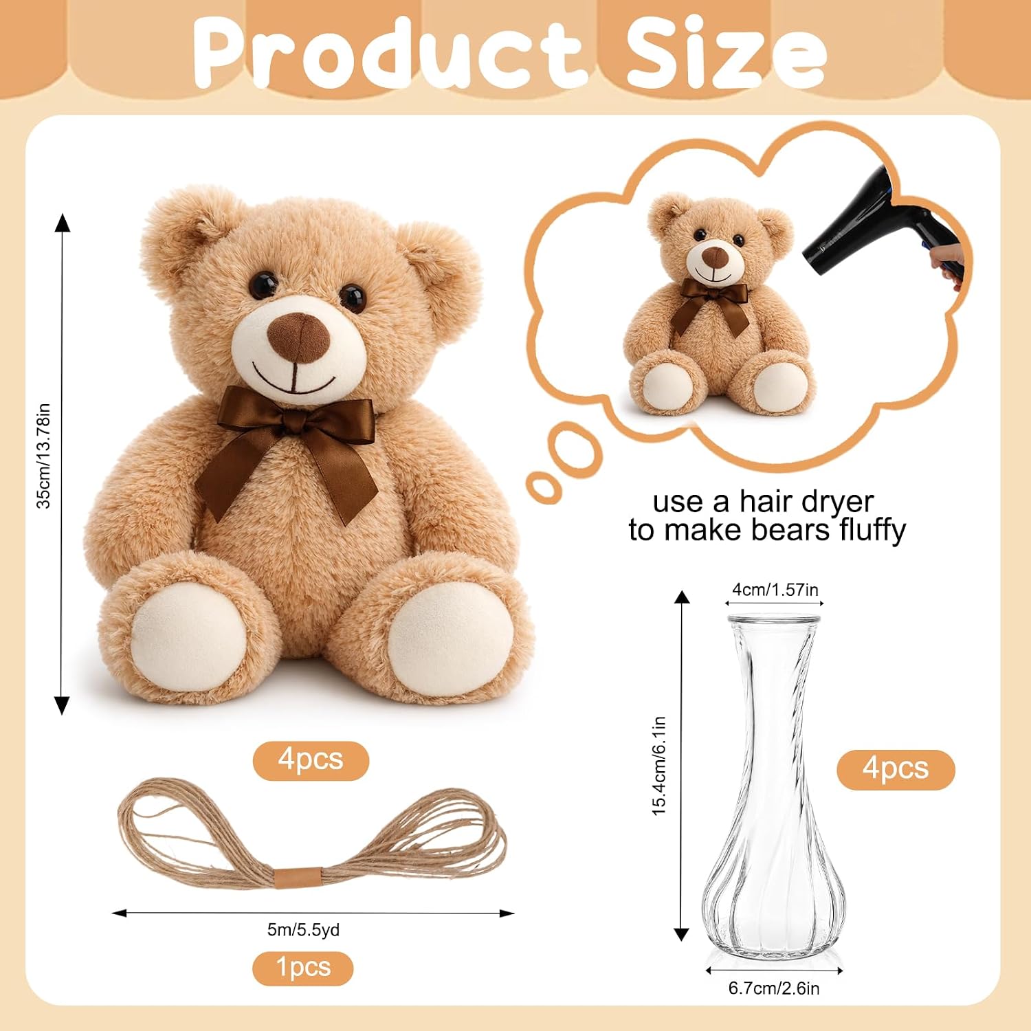 129 Pcs Bear Baby Shower Centerpieces, Dried Pampas Grass Vase with Bears Rope Boho Rustic Table Decoration for Birthday Gender Reveal Party Supplies