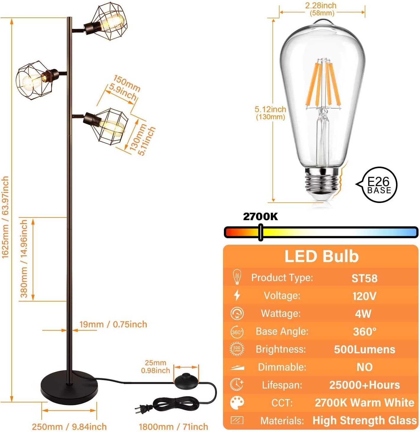 LED Industrial Floor Lamp, Standing Lamp with 3 Adjustable Heads, Tree Floor Lamp, Rustic Floor Lamp, Farmhouse Tall Stand Up Lamps for Living Room, Bedroom, Office, 3 Vintage LED Bulbs Included