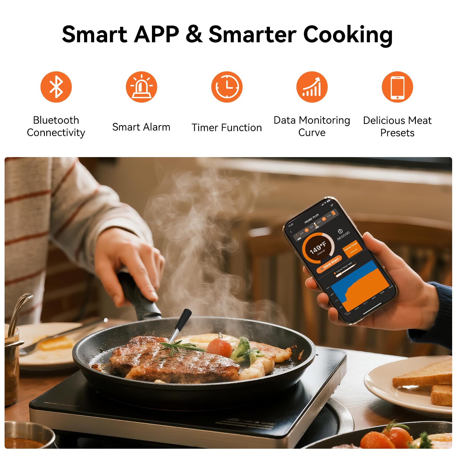 Newise Termómetro de carne inalámbrico de 4 sondas, termómetro digital Bluetooth para barbacoa, parrilla, horno, ahumador, largo alcance y base recargable con alertas en tiempo real, regalos de cocina