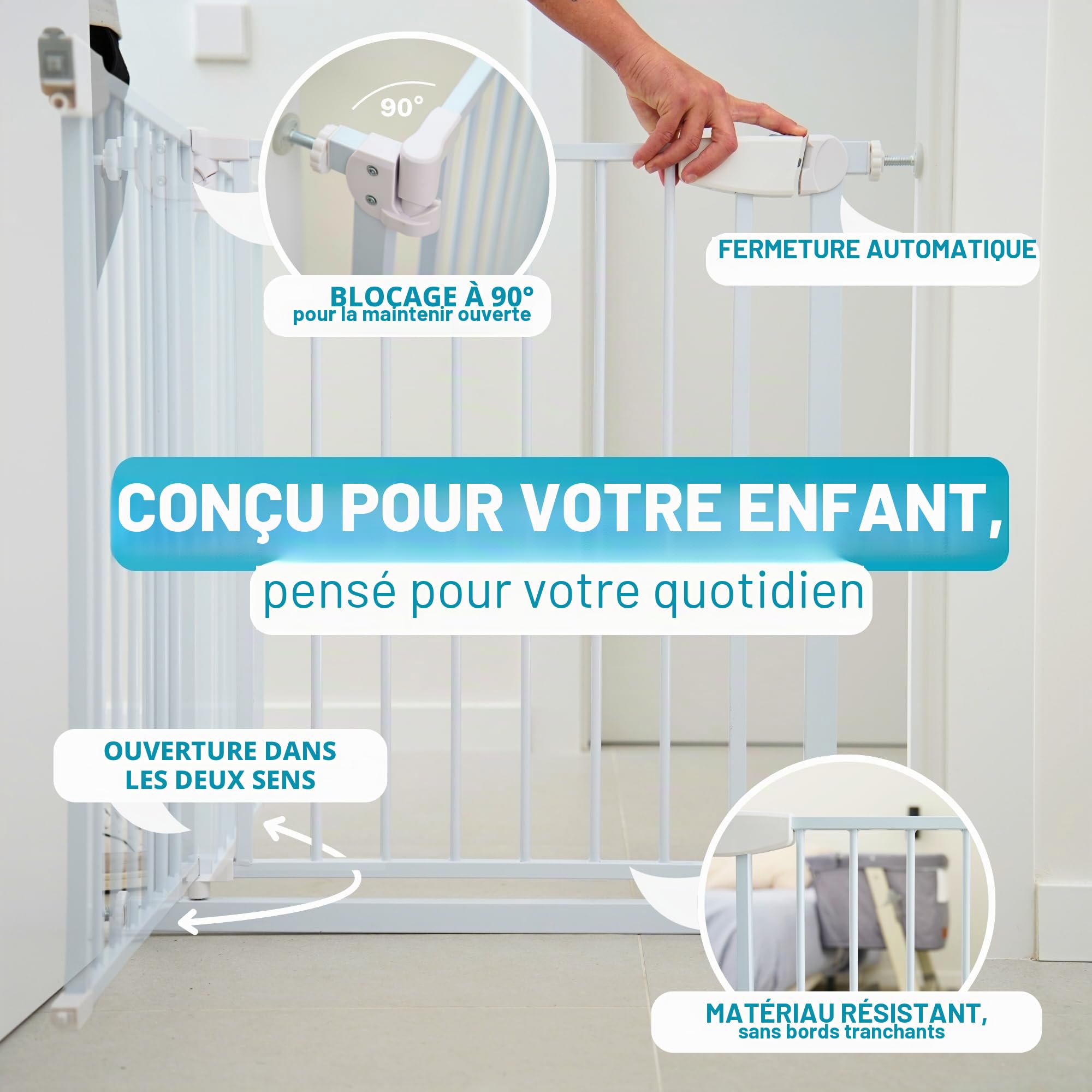 ALMAR Baby Barrière de sécurité 61-68 cm blanc | Montage facile sans vis pour portes, couloirs ou escaliers pour enfants ou animaux domestiques | Clôture blanche avec système de fermeture automatique