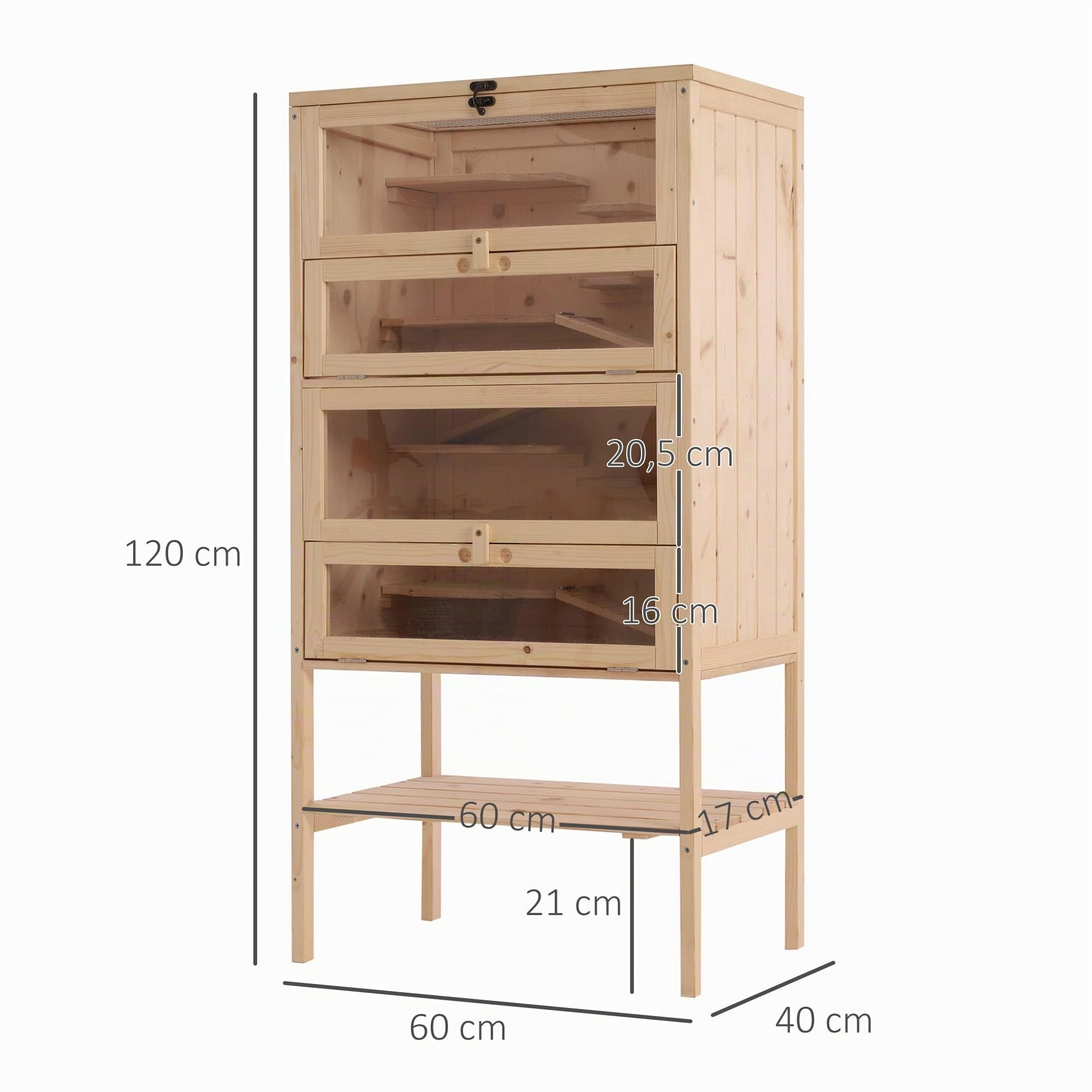 PawHut Cage en Bois pour Hamster Petits Animaux et rongeurs avec 5 étages, 10 Plates-Formes et 3 échelles 60 x 40 x 120 cm | Petits Rongeurs, Multi-Niveaux, 10 Plateformes, Bois de Pin