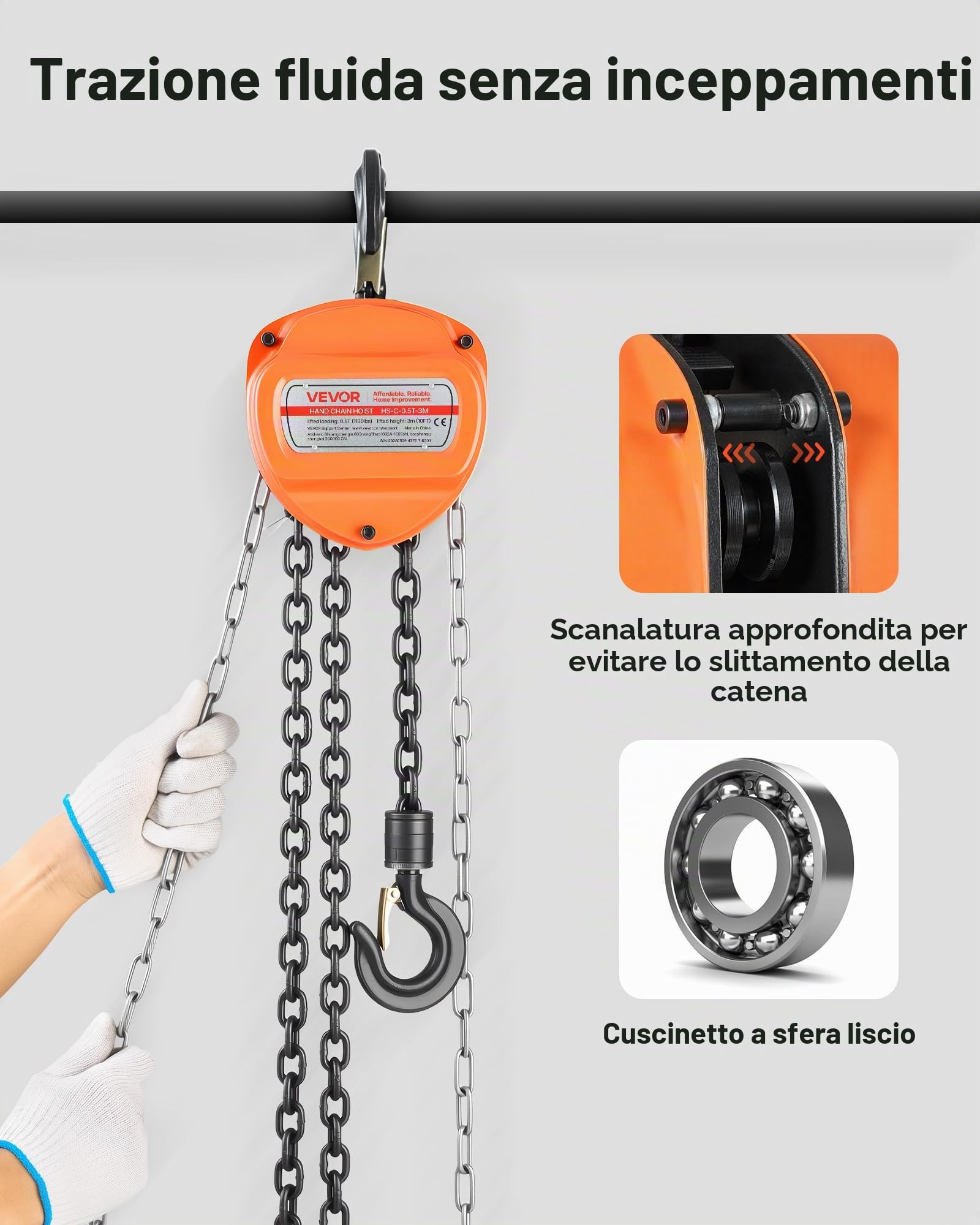VEVOR Paranco a Catena Manuale, Capacità 0,5 T, con Catena Zincata G80 di Aggiornamento, Altezza di Sollevamento 3 m, Paranco a Puleggia per Macchinari Automobilistici da Magazzino, Arancione