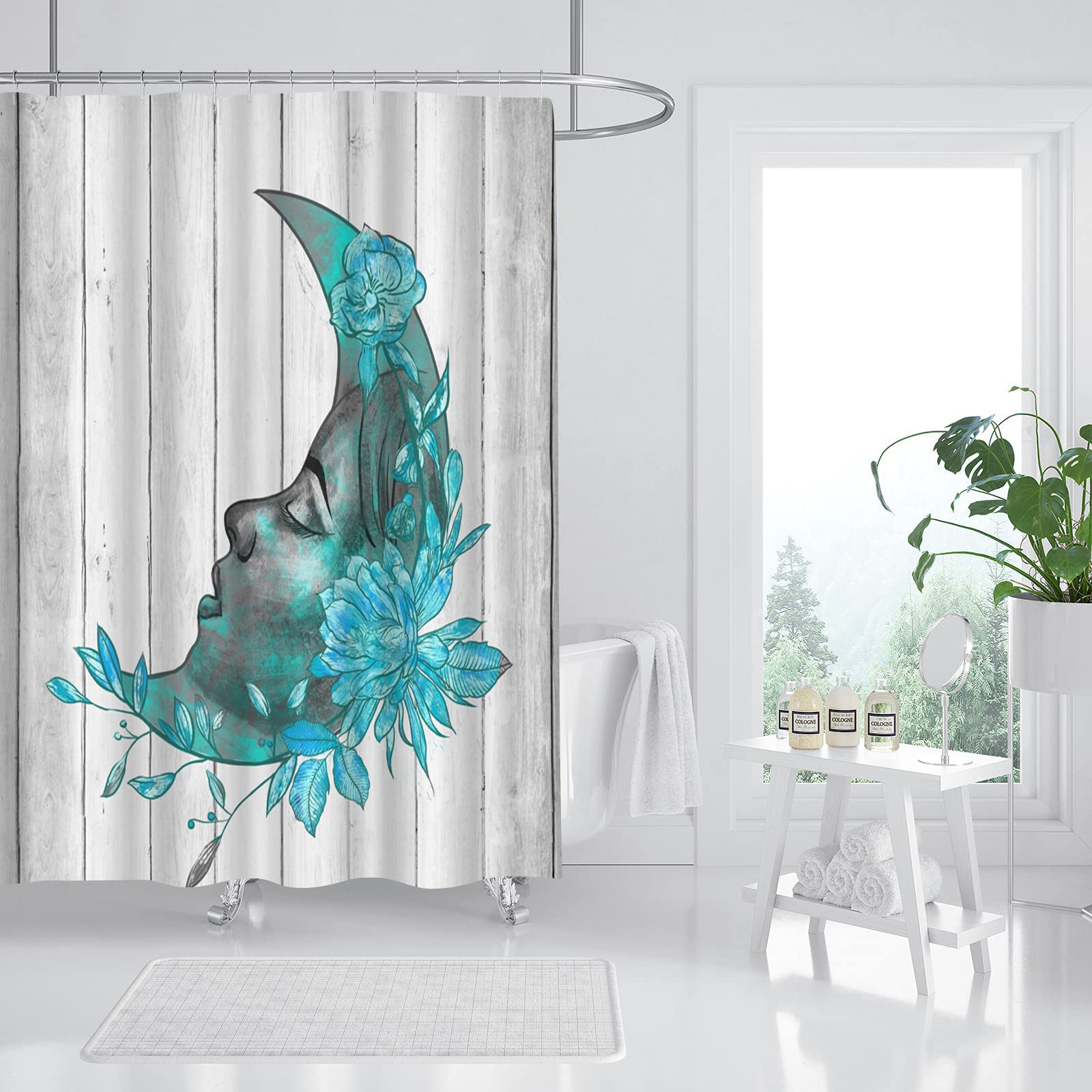 Artsbay Moon Fabric Shower Curtain Teal Blue Moon Girl with Flower Falling Asleep on Vintage Backdrop Shower Curtain Modern Moon Waterproof Cloth Home Bathroom Decoration Accessories for Girls Women