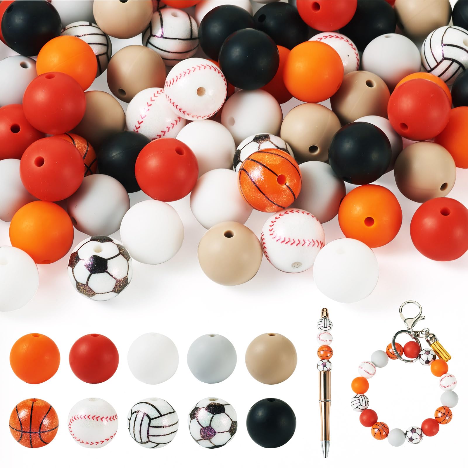 Boutigem 80Pcs Sports Silicone Round Beads Set Football Baseball Basketball Volleyball Silicone Focal Beads 15mm Rubber Ball Beads for DIY Jewelry Making