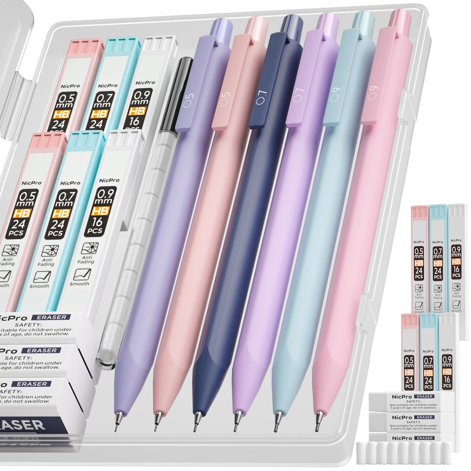Nicpro 6PCS Cute Mechanical Pencil Set with Case, Pastel Mechanical Pencils 0.5 & 0.7 & 0.9 mm with 6 Tube HB Lead Refills, Erasers, Aesthetic Stationery & School Supplies for Girls Writing Drawing