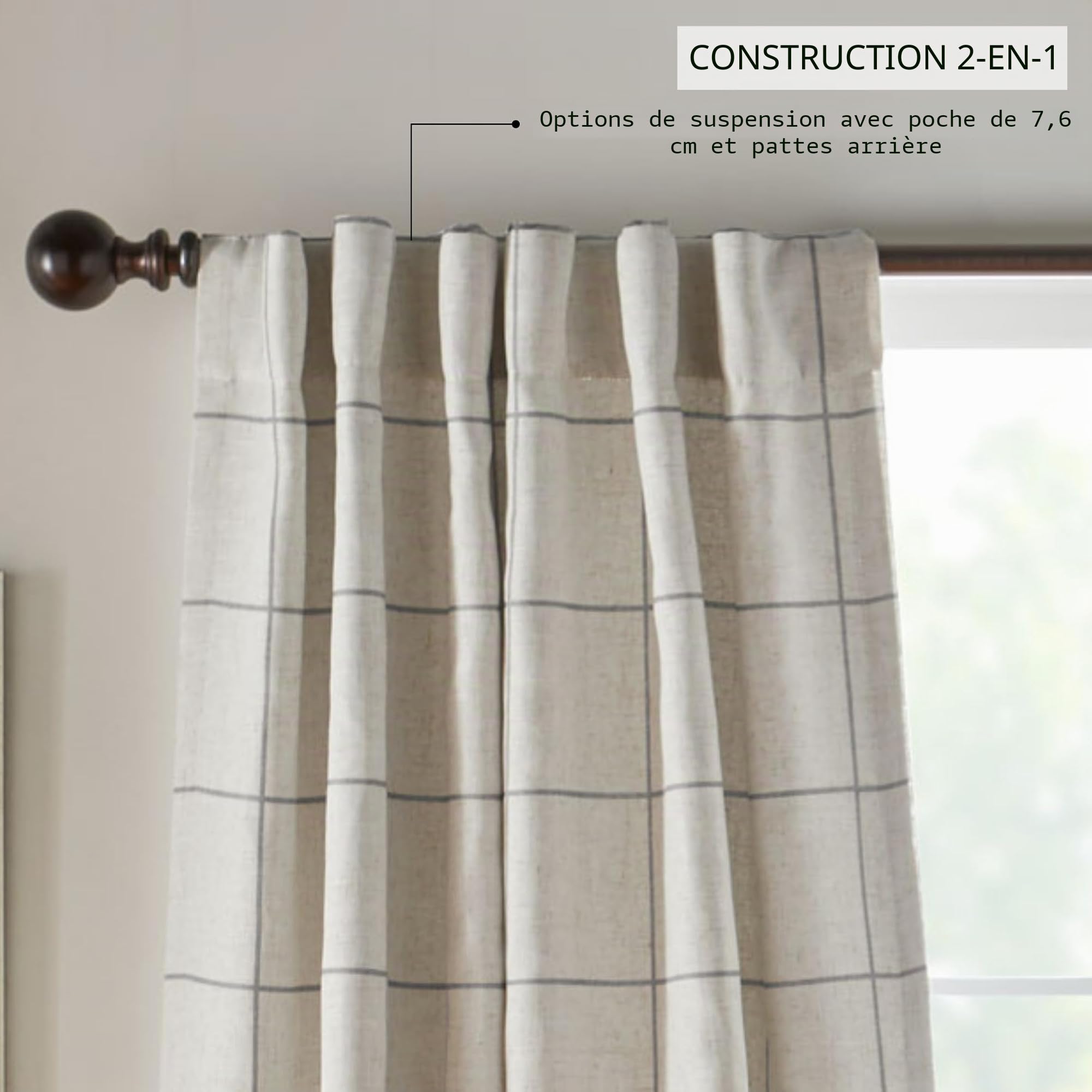 Elrene Home Fashions Rideau de fenêtre occultant à Carreaux pour Salon, Chambre à Coucher, Salle à Manger, Lin, Gris, 132,1 x 241,3 cm (l x L)