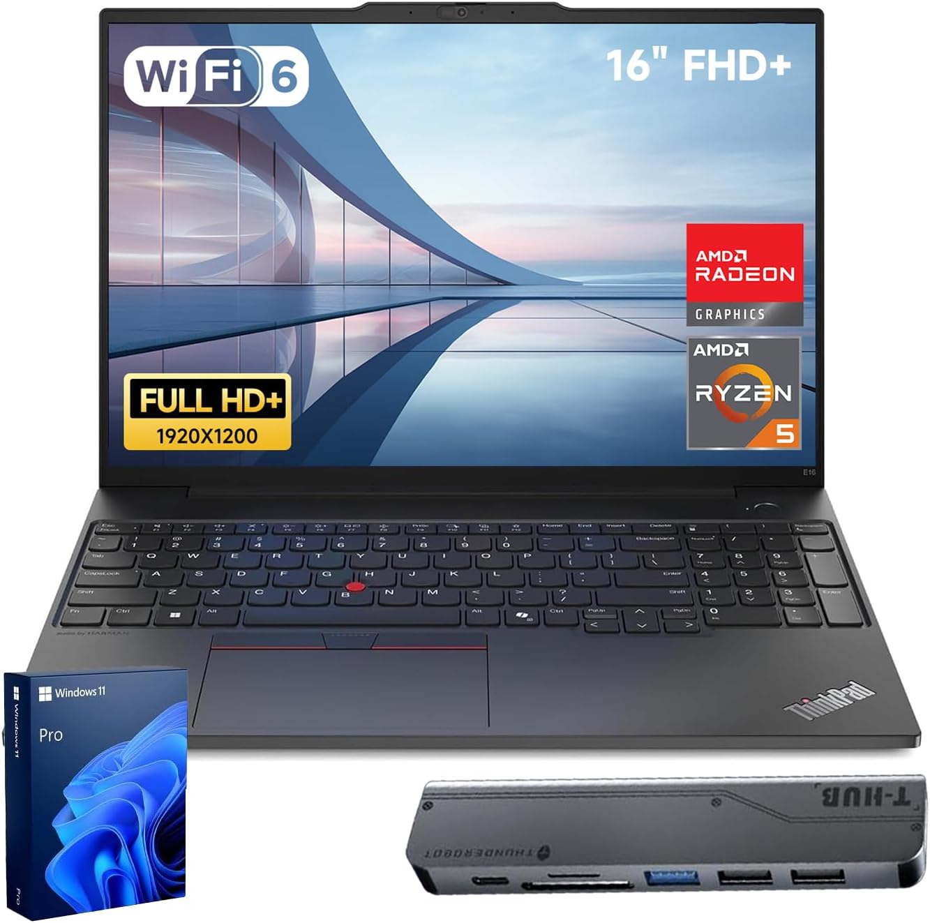 Lenovo ThinkPad E16 Gen 2 Business Laptop, 16″ FHD+ Display, AMD Ryzen 5 7535U, 32GB DDR5 RAM, 1TB SSD, Fingerprint, Backlit, HDMI, Wi-Fi 6, Windows 11 Pro, Bundle with Thunderobot 7-in-1 USB-C Hub