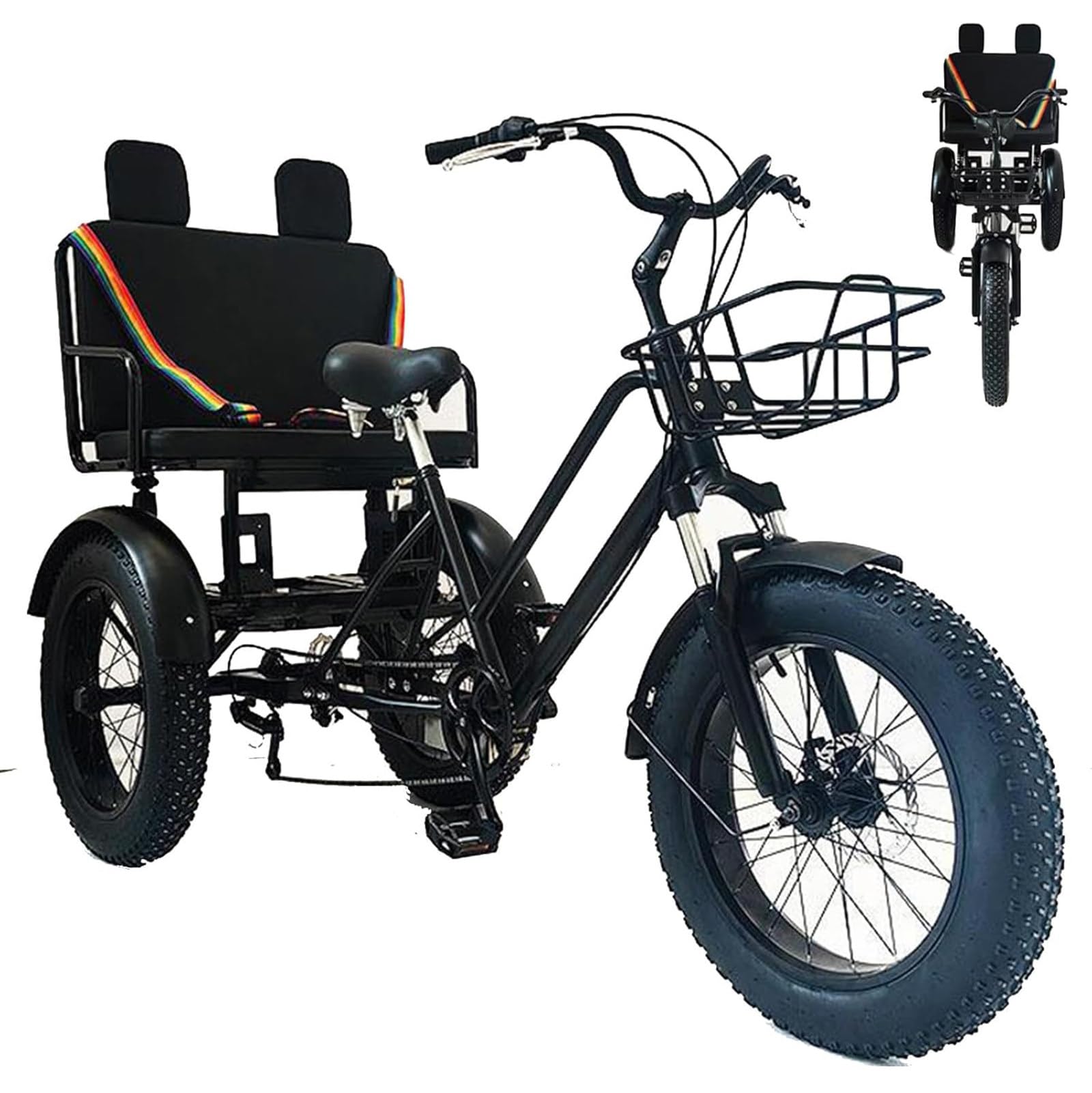 Rower trójkołowy z oponami fatbike 20", dla dorosłych, z siedzeniem pasażera, wysoka nośność, komfort jazdy, dla seniorów o wzroście 170-185 cm