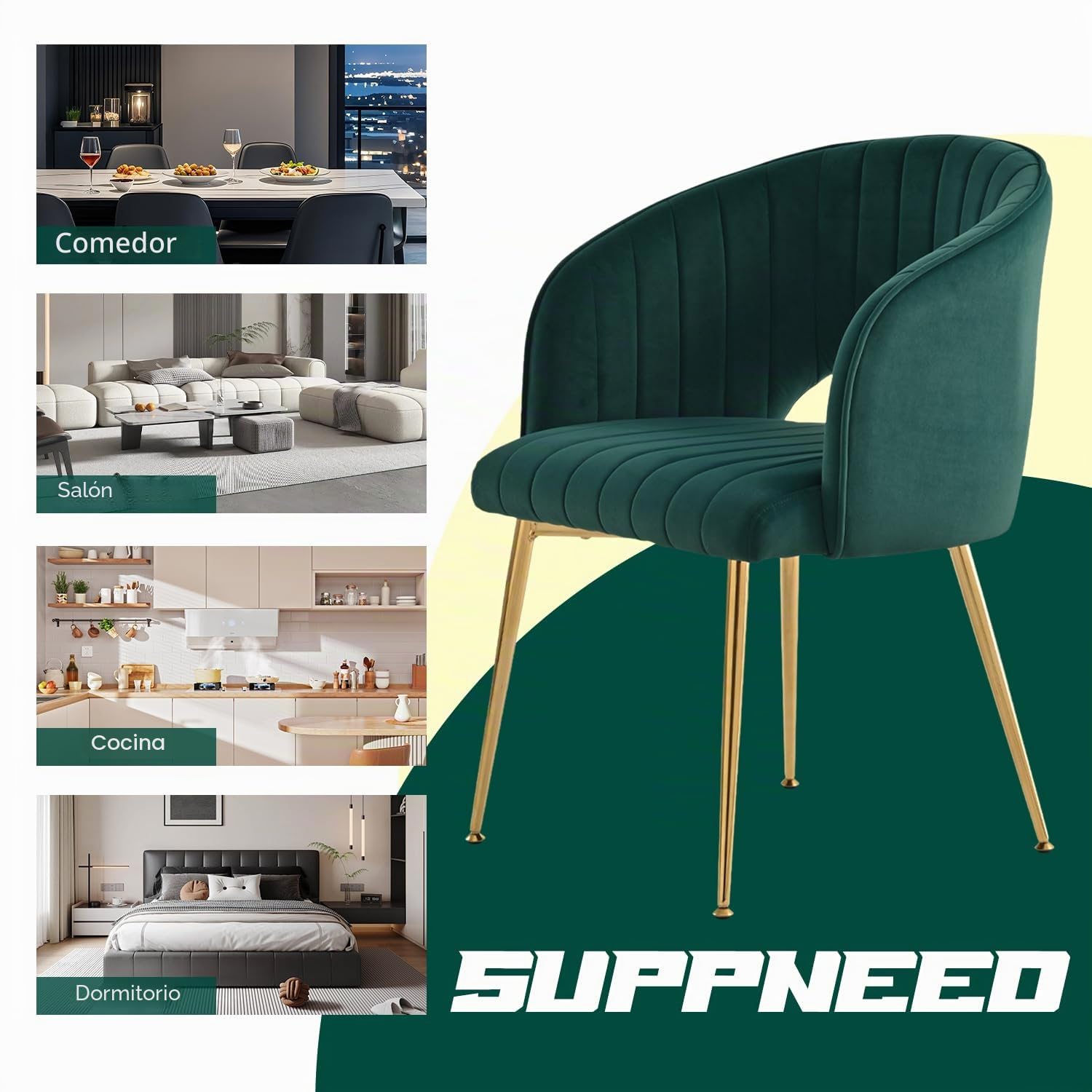 Juego de 2 sillas de comedor de terciopelo, sillas de mesa de comedor con reposabrazos, respaldo curvado, patas doradas, sillas de cocina, sillones para salón, dormitorio