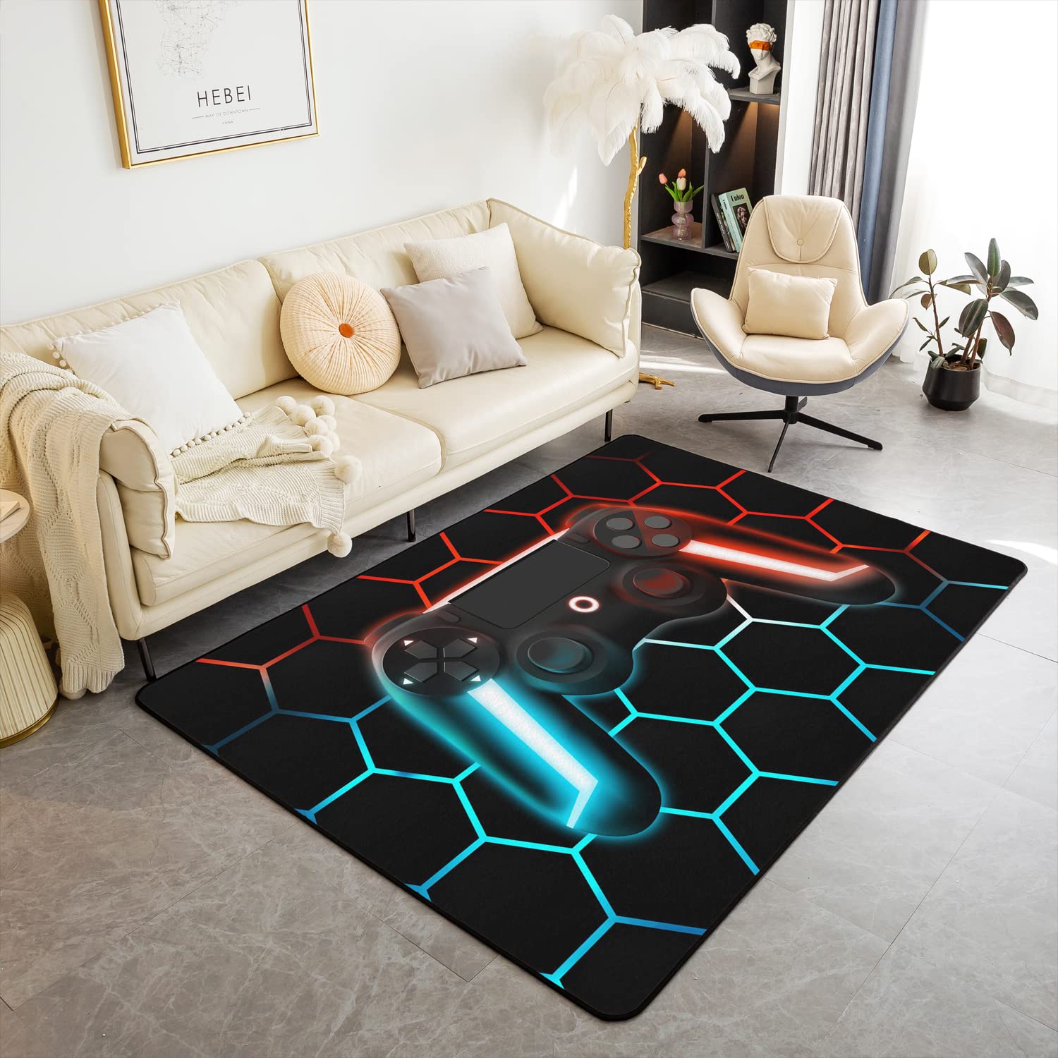 Homewish Alfombra gamer para niños, 100 x 150 cm, alfombra de juegos para niños y jóvenes, alfombra con forma de diamante degradado, decoración de sala de juegos, luz de neón, alfombra decorativa para