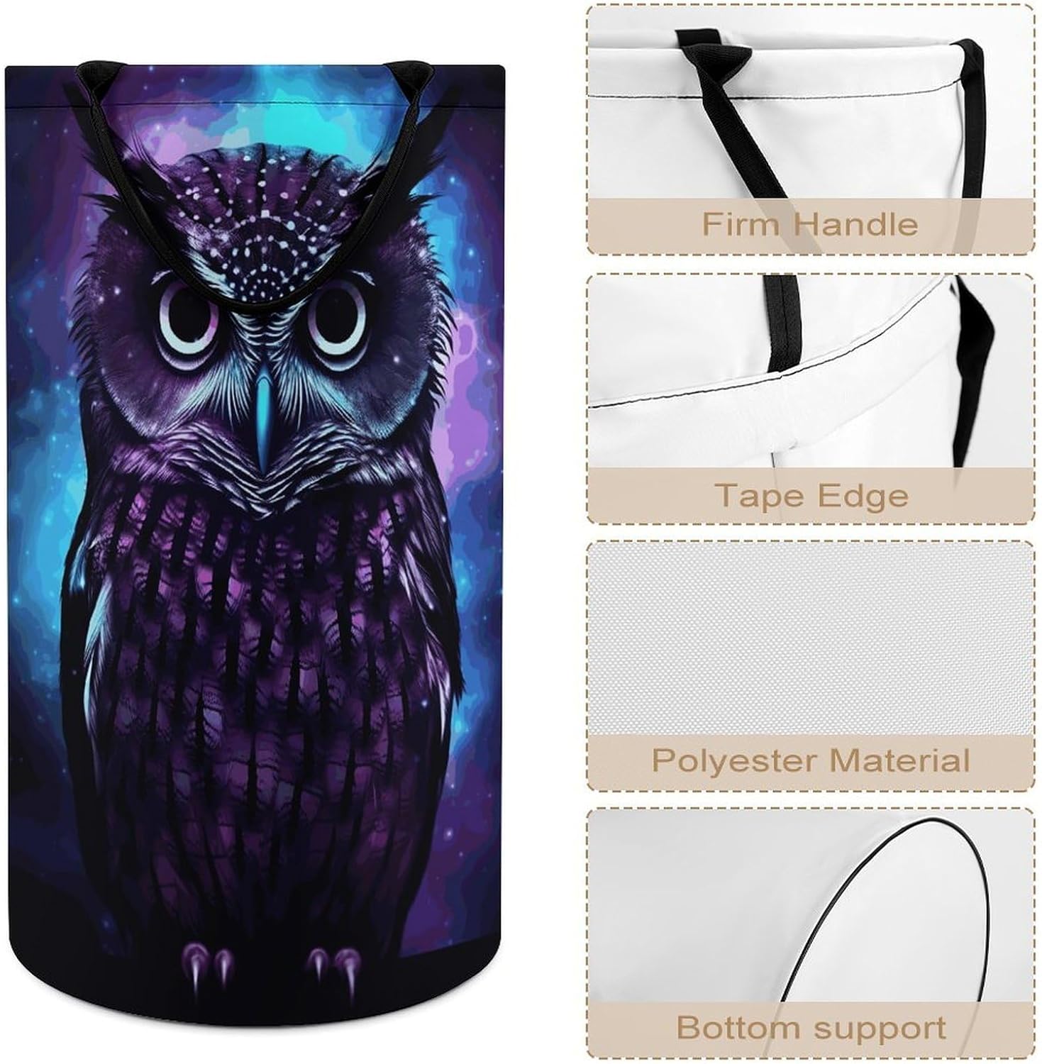 Purple OwlLaundry Hamper - Large Dirty Clothes Bag.Storage Basket for Easy Carry Handles. Large Clothes Basket with Handles, Clothing Storage Bucket Toy Organizer for Bathroom Bedroom Dorm.