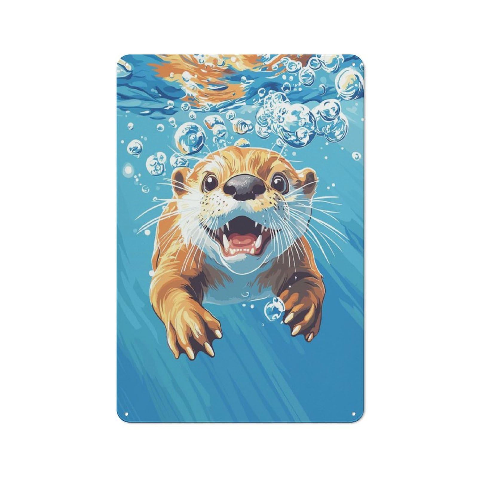 Junmoney Style-6 Loft Style Metal Wall Art Sign 30X20cm Featuring Cartoon Otter Swimming Underwater With Bubbles, Urban Room Decor For Loft, Studio, Office Or Creative Room
