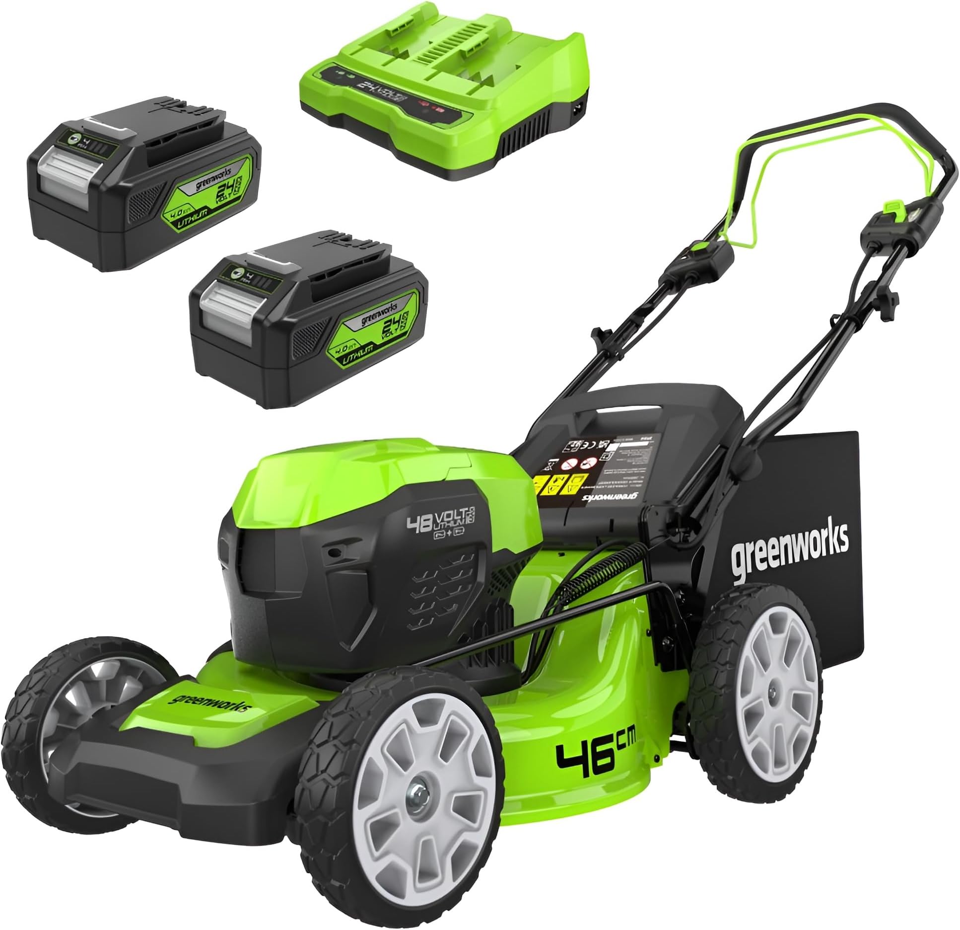 48V (2x24V) Self Propelled Cordless Lawnmower for Large Lawns up to 480m2, 46cm Cutting Width, 55LBag PLUS Two 4Ah Batteries and Twin Charger, 3 Year Guarantee GD24X2LM46SPK4X
