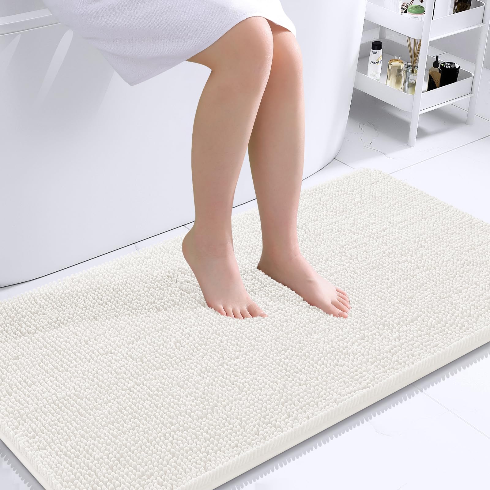 OLANLY Bathroom Rugs 44x32, Extra Soft Absorbent Chenille Bath Rugs, Rubber Backing Quick Dry, Machine Washable Bath Mats for Bathroom Floor, Tub and Shower, Home Decor Accessories, Ivory