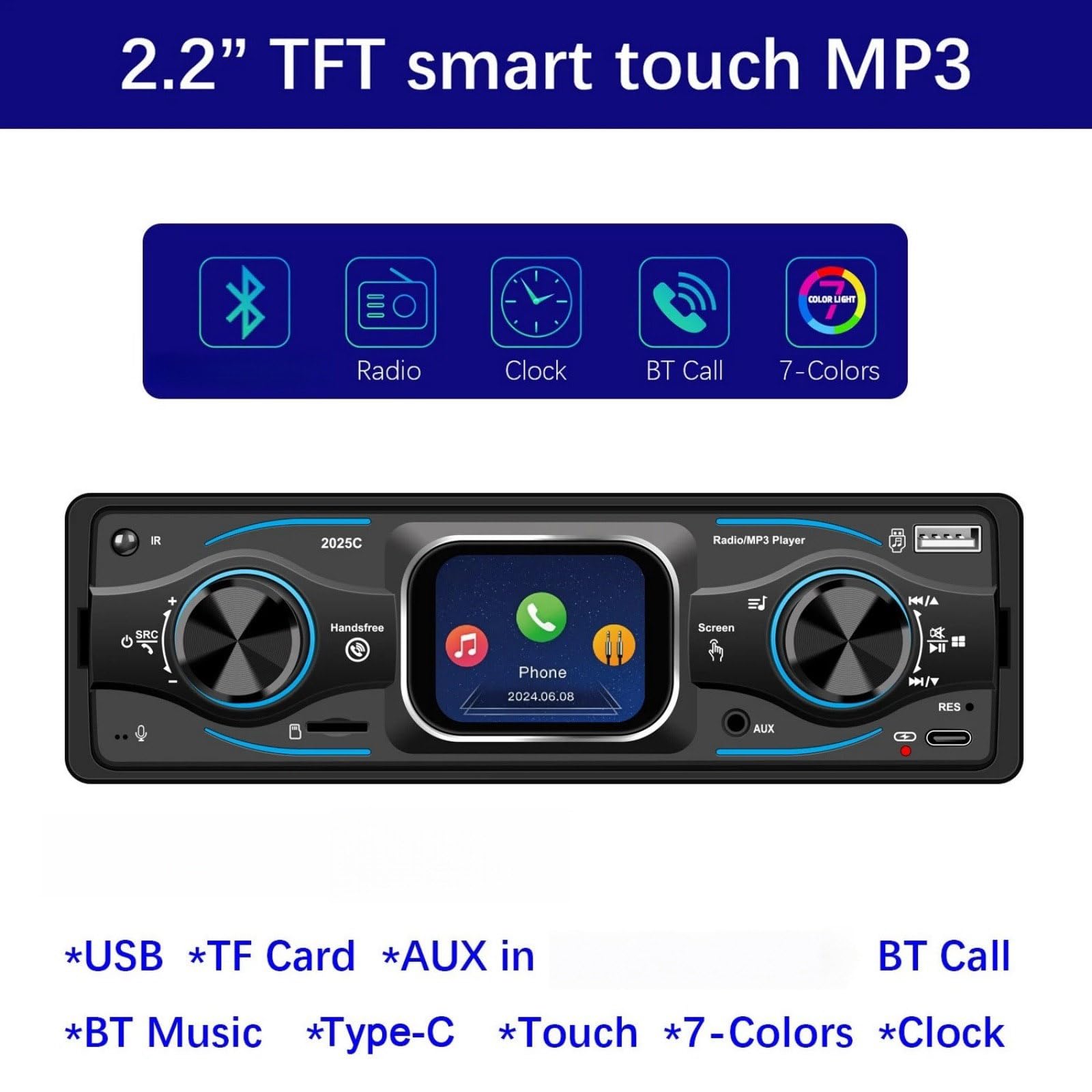 Radio samochodowe Bluetooth pojedyncze DIN radio samochodowe w desce rozdzielczej, port USB/TF/AUX