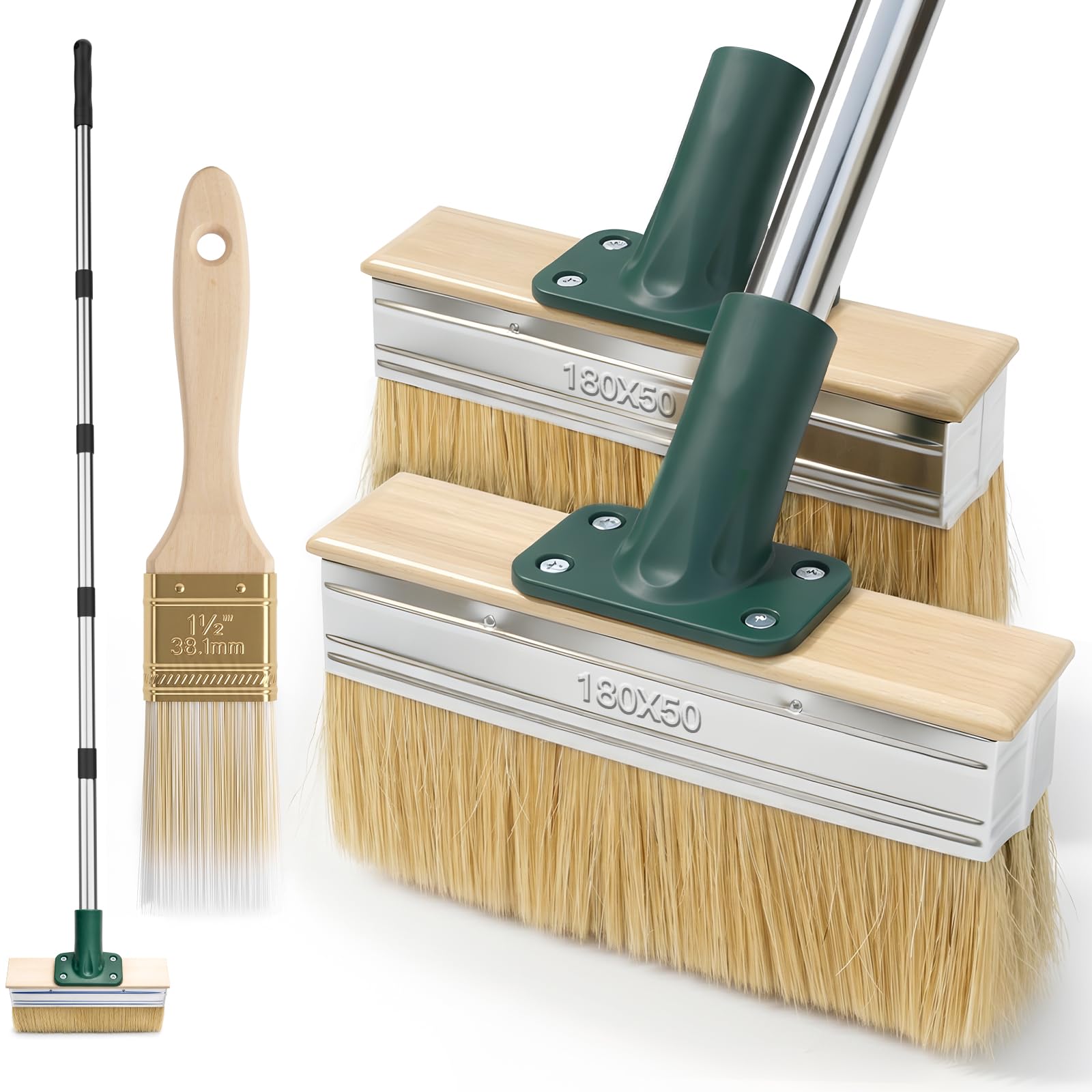 7" Decking Paint Brush Set with 60" Long Handle – 2Pcs Large Deck Brush + 1Pcs Small Brush, Deck Stain Applicator for Outdoor Wood Floor, Fence, Wall, Furniture