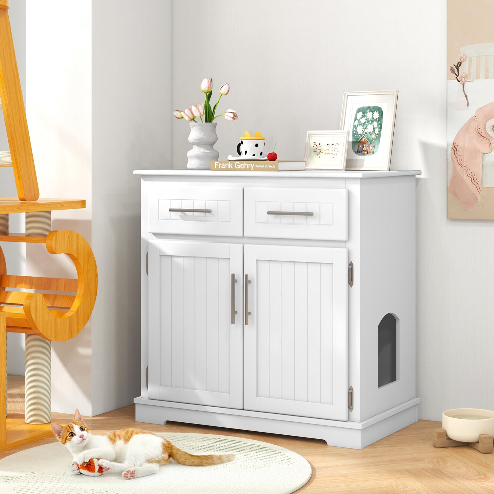 GYMAX Katzenschrank, Katzenklo Schrank 80 x 45 x 80 cm, Katzenhaus mit 2 Türen & 2 Schubladen, Katzenhöhle mit Anti-Kipp-Vorrichtung für Eingangsbereich & Wohnzimmer, Weiß