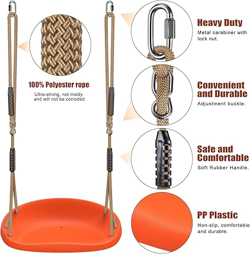 Miniatura 6 de SELEWARE Asiento de columpio de plástico, reemplazo de columpio de árbol antideslizante con cuerda ajustable y 2 mosquetones, juego de columpio