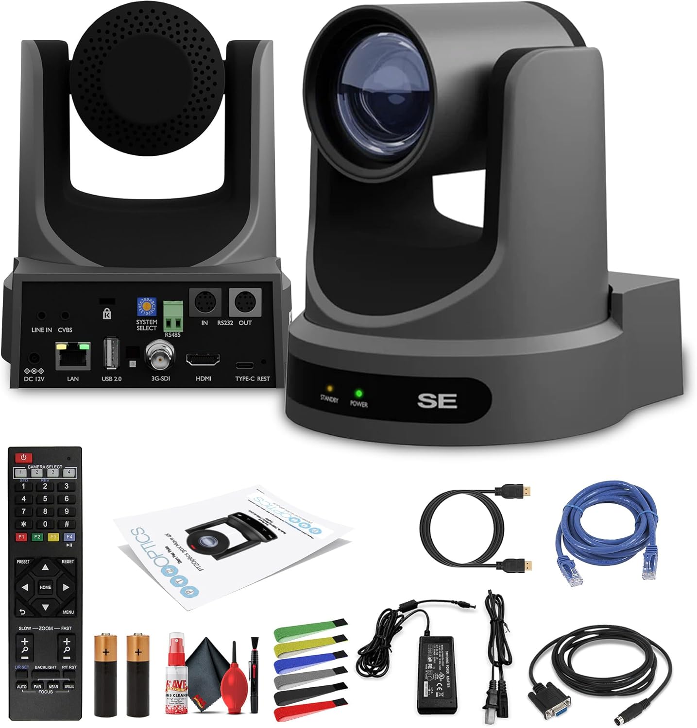 PTZOptics Move SE SDI/HDMI/USB/IP PTZ Camera with 20x Optical Zoom (Gray) (PT20X-SE-GY-G3) + Lens Cleaning Kit + HDMI Cable + Ethernet Cable + Color Wire Ties